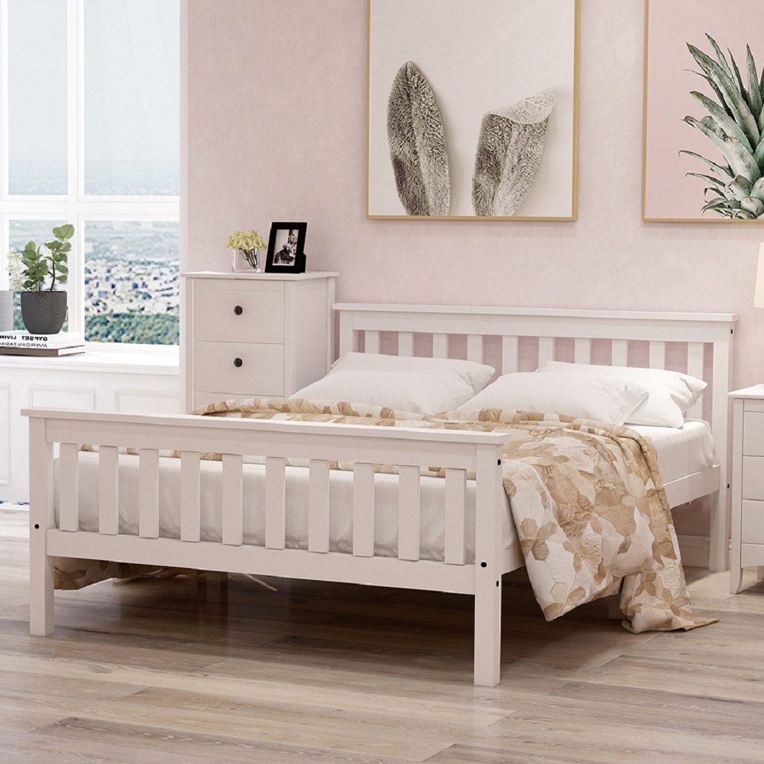 Sweiko łóżko podwójne drewniane łóżko z litego drewna 140x200cm z listwowym stelażem, odpowiednie dla dorosłych i nastolatków, białe