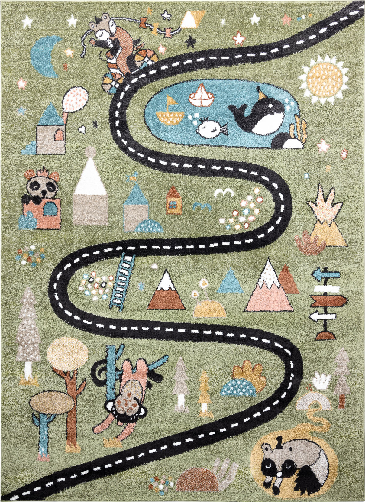 Dywan FUN Route dla dzieci, ulica, zwierzęta zielony 240x330 cm