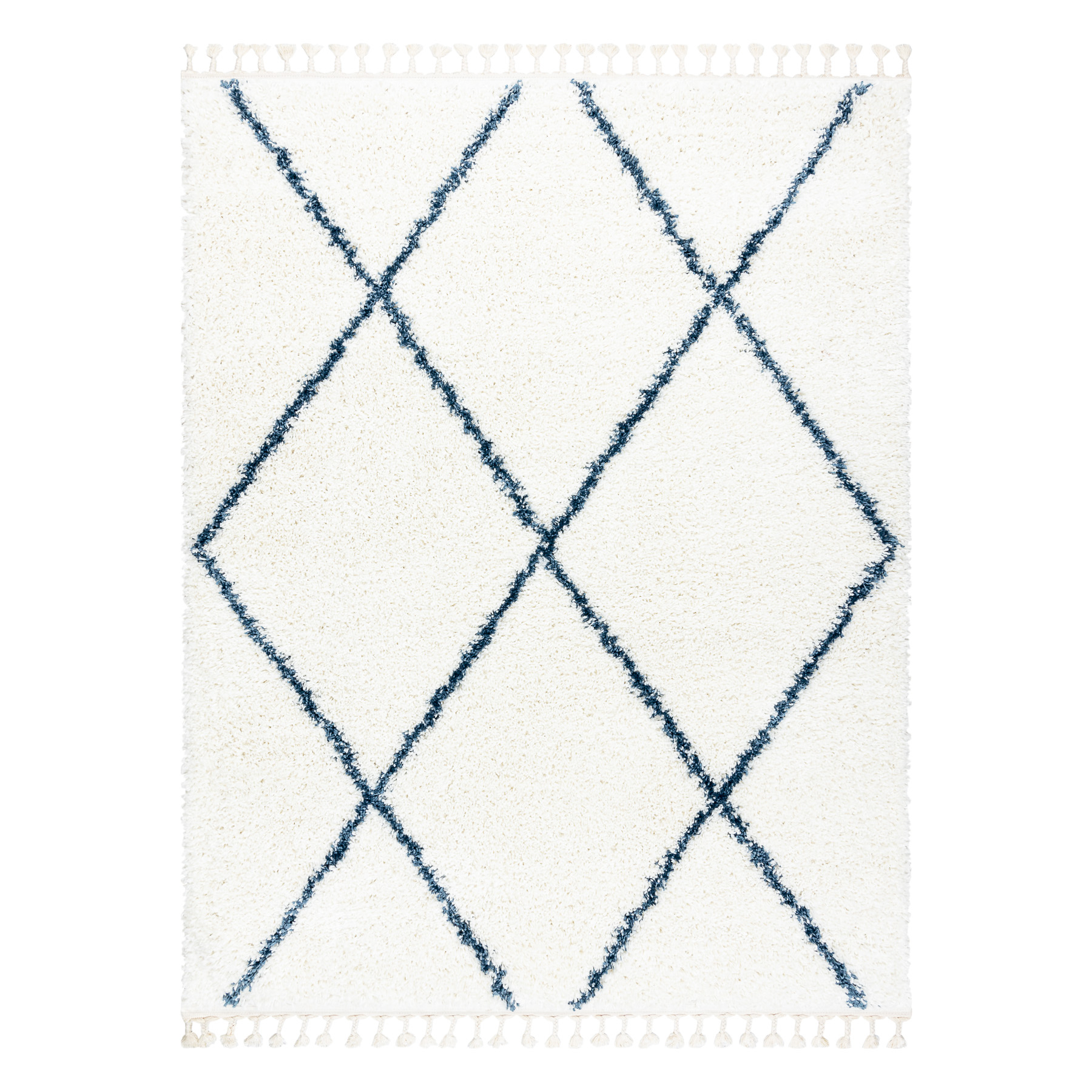 Dywan UNION 3683 Kratka, trellis krem / niebieski Frędzle berberyjski marokański shaggy biały 140x190 cm