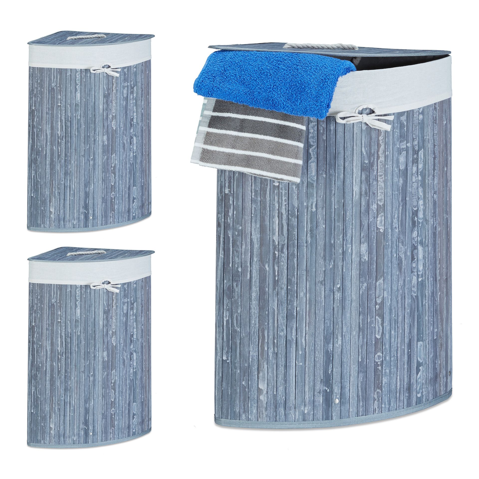 relaxdays 3 x narożny kosz na pranie bambusowy szary