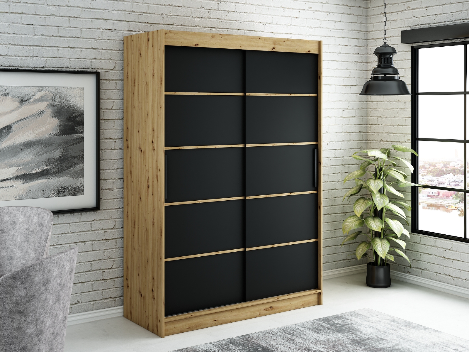 MINIO szafa 150 cm LETO V1 czarny mat / dąb Artisan