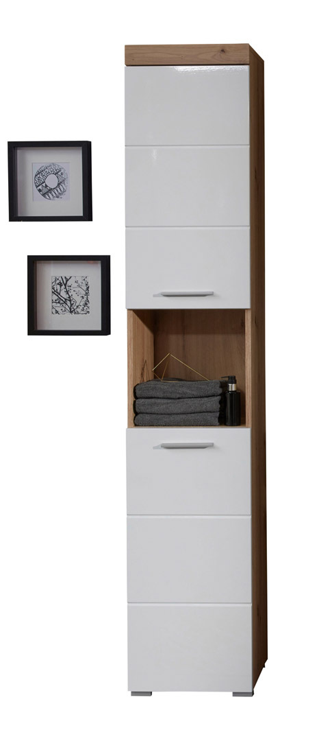 AmandaMando wysoka szafka łazienkowa 2 drzwi, 1 otwarta półkaReplika dąb, biały wysoki połysk.