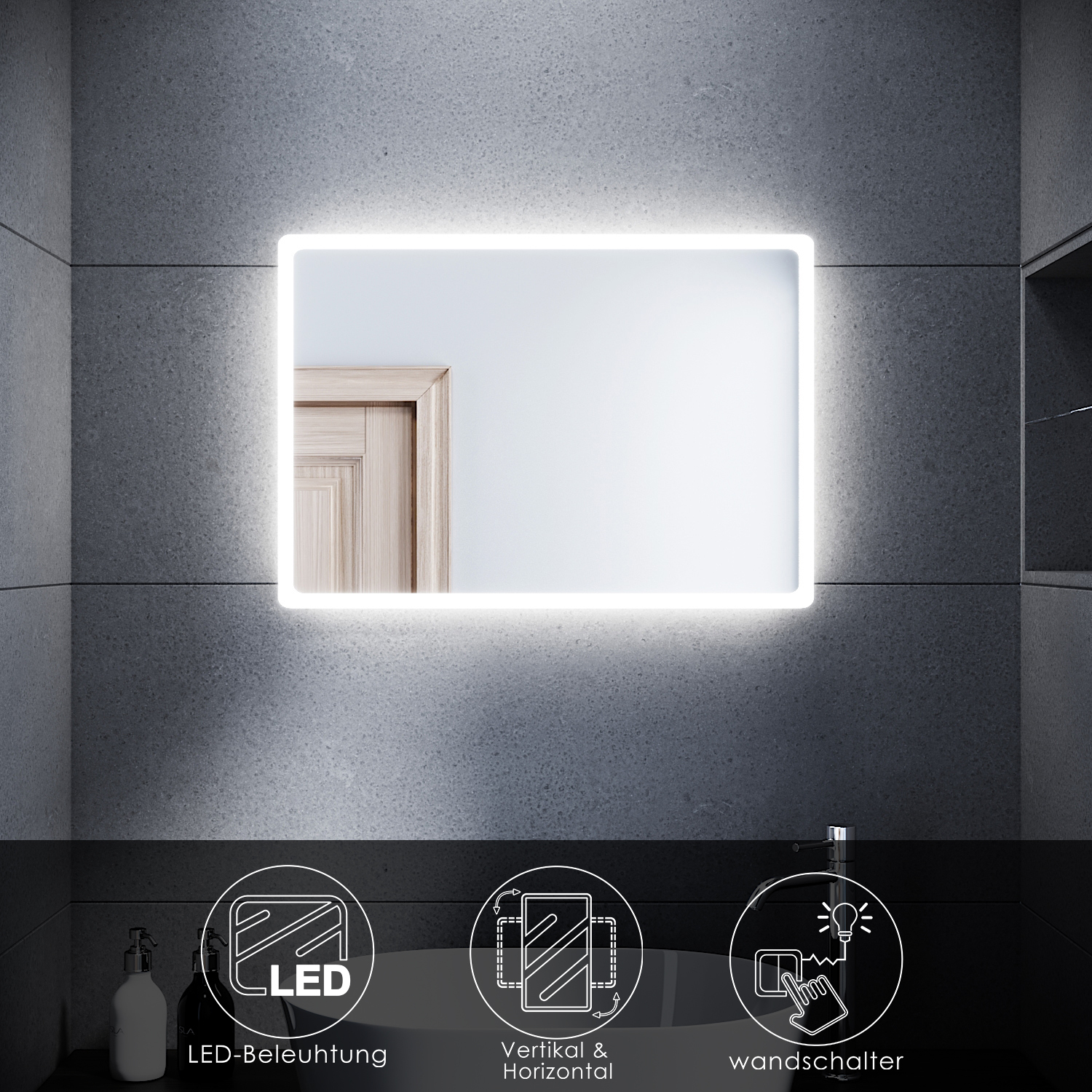 SONNI LED podświetlane lustro łazienkowe 60 x 40 cm lustro ścienne Chłodne białe światło włącznik ścienny IP44 lustro łazienkowe