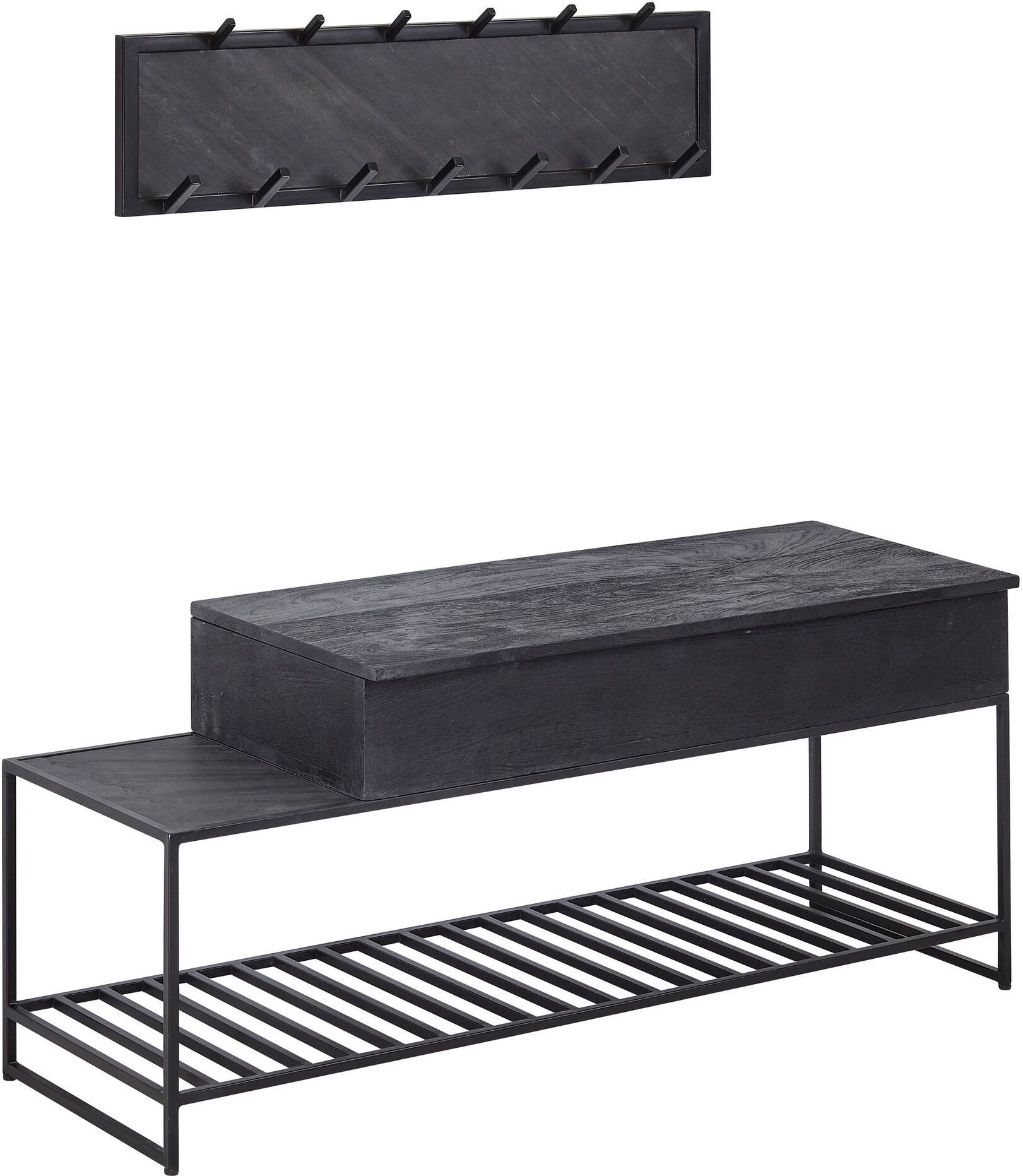 WOHNLING Ławka z wieszakiem ściennym czarna ławka na buty z litego drewna mango 110 cm, designerski zestaw wieszaków do przedpokoju w stylu industrialnym, ławka z wieszakiem z miejscem do przechowywania i wieszakiem na buty, ławka do przedpokoju z siedziskiem