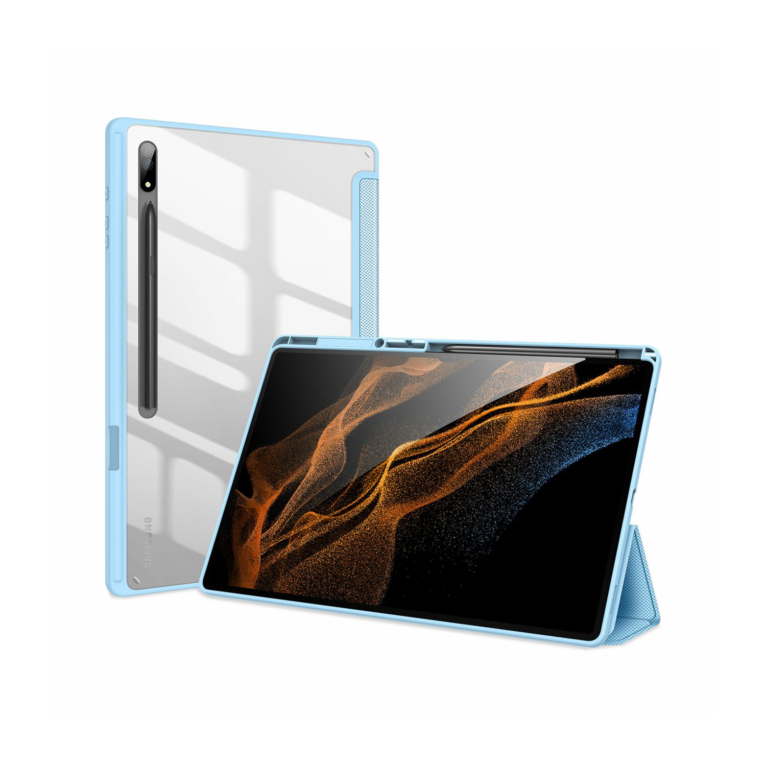 Dux Ducis Toby Eco-Leather Skórzane etui na tablet Samsung Galaxy Tab S8 Ultra z funkcją Smart-Sleep i uchwytem na długopis Wake-Up Protective Cover Blue