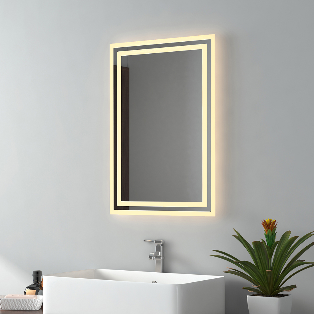 EMKE Lustro łazienkowe LED 40x60cm Lustro łazienkowe z oświetleniem 2 barwy światła 3000/6500K Lustro z oświetleniem Lustro ścienne z włącznikiem przyciskowym + antifog IP44 Energooszczędne