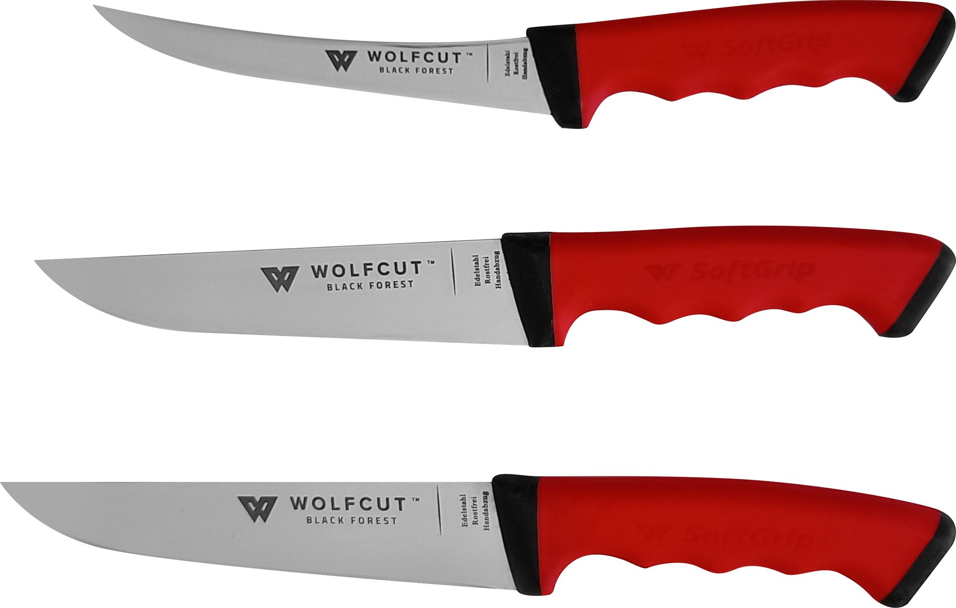Zestaw noży rzeźniczych 3 sztuki ze stali nierdzewnej, 1x nóż do mięsa, 1x nóż do przekłuwania i 1x nóż do trybowania Flex firmy WOLFCUT