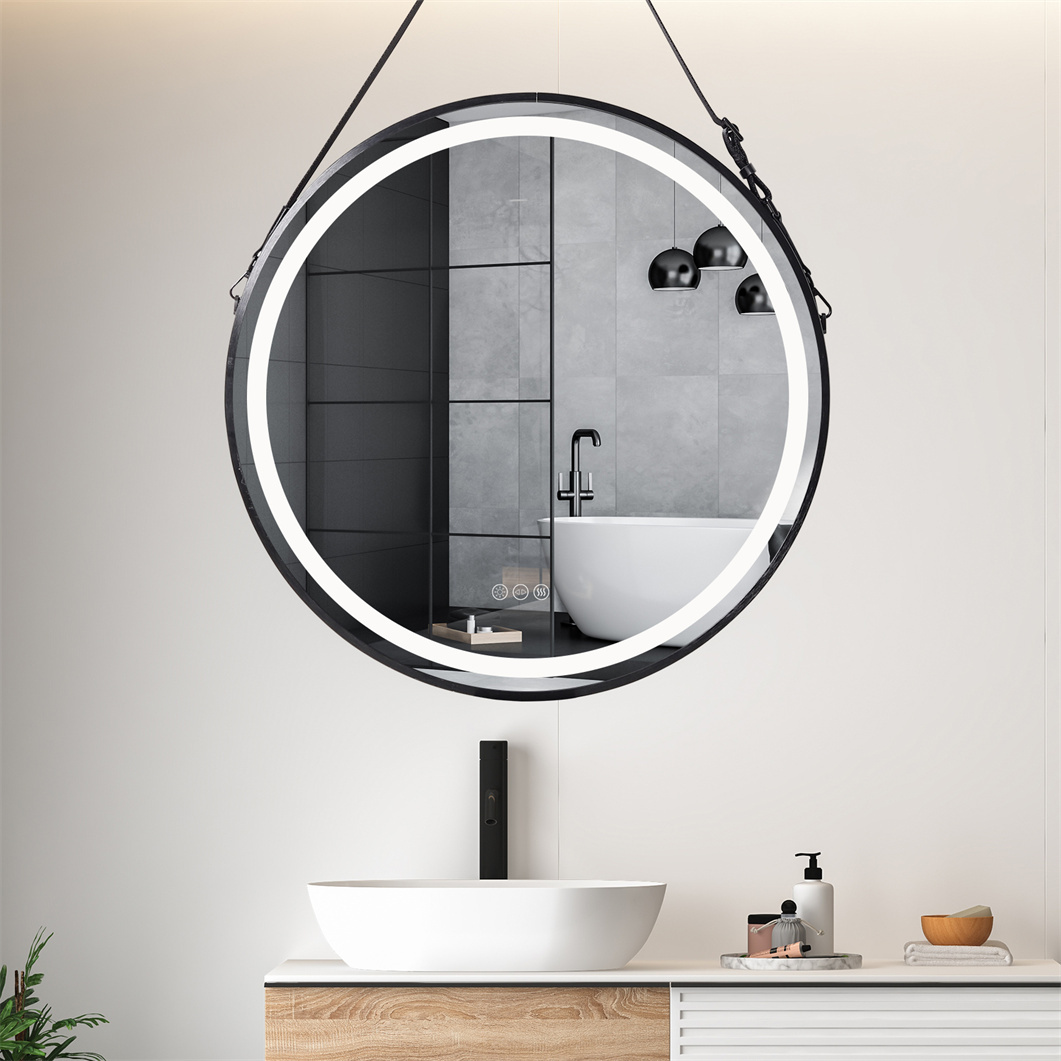 WISFOR Lustro łazienkowe LED okrągłe, 60cm Lustro łazienkowe ścienne LED z oświetleniem, 3 barwy światła 3500-6500K Ściemnialne Bezmgielne podświetlane lustro z włącznikiem dotykowym IP44, czarne