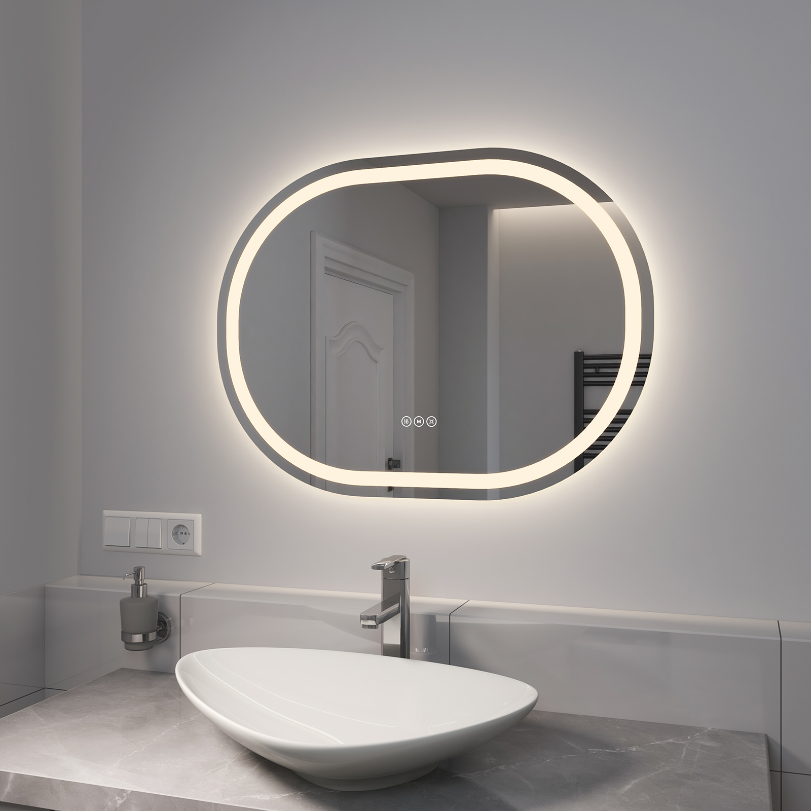 EMKE LED lustro łazienkowe 80x60cm lustro łazienkowe bezmgielne oświetlenie 3 kolory światła lustro łazienkowe okrągłe wielokątne lustro ścienne z przełącznikiem dotykowym IP44 energooszczędne regulowane światło