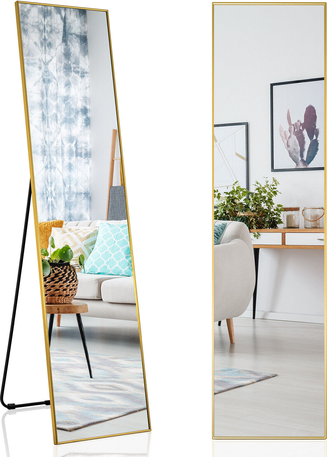 Pełnowymiarowe lustro COSTWAY 160 x 40 cm, lustro stojące i ścienne 2 w 1, lustro do garderoby, lustro do sypialni, salonu i przedpokoju, złote