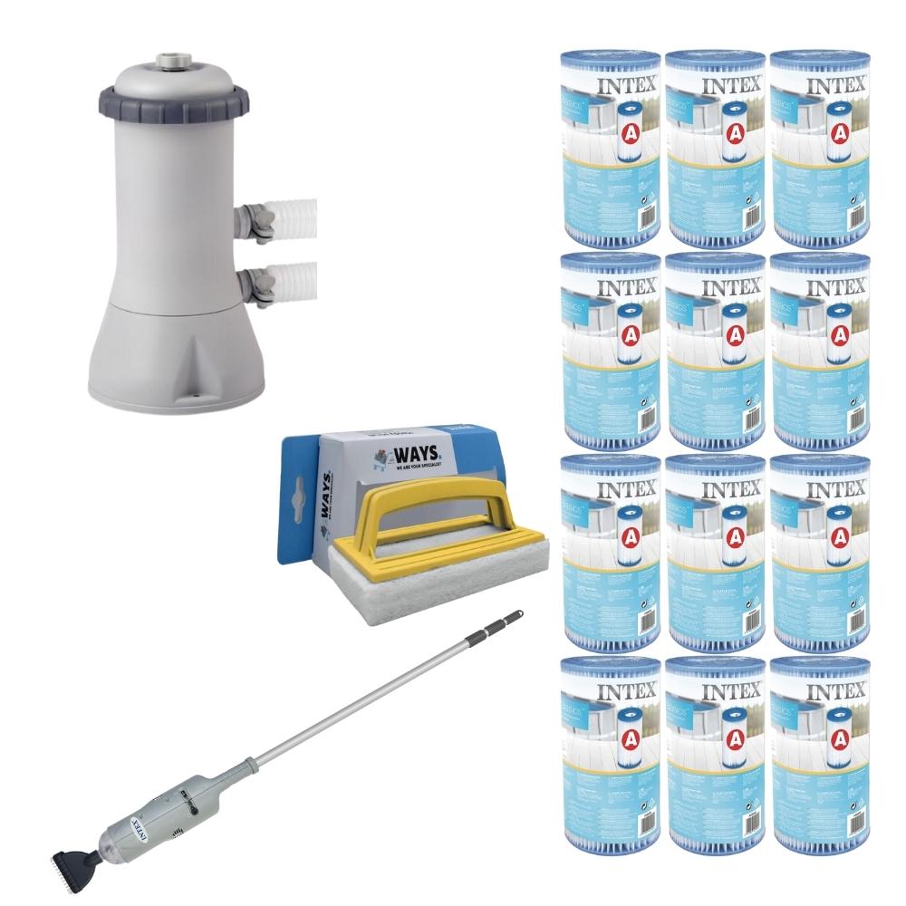 WAYS - Pielęgnacja basenu - Basenowa pompa próżniowa i filtrująca 3407 L/u i 12 filtrów typu A oraz szczotka szorująca WAYS
