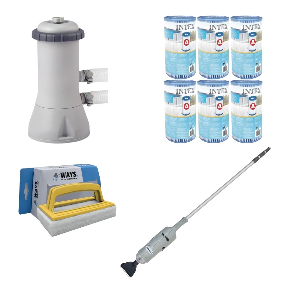 WAYS - Pielęgnacja basenu - Basenowa pompa próżniowa i filtrująca 3407 L/u i 6 filtrów typu A oraz szczotka szorująca WAYS
