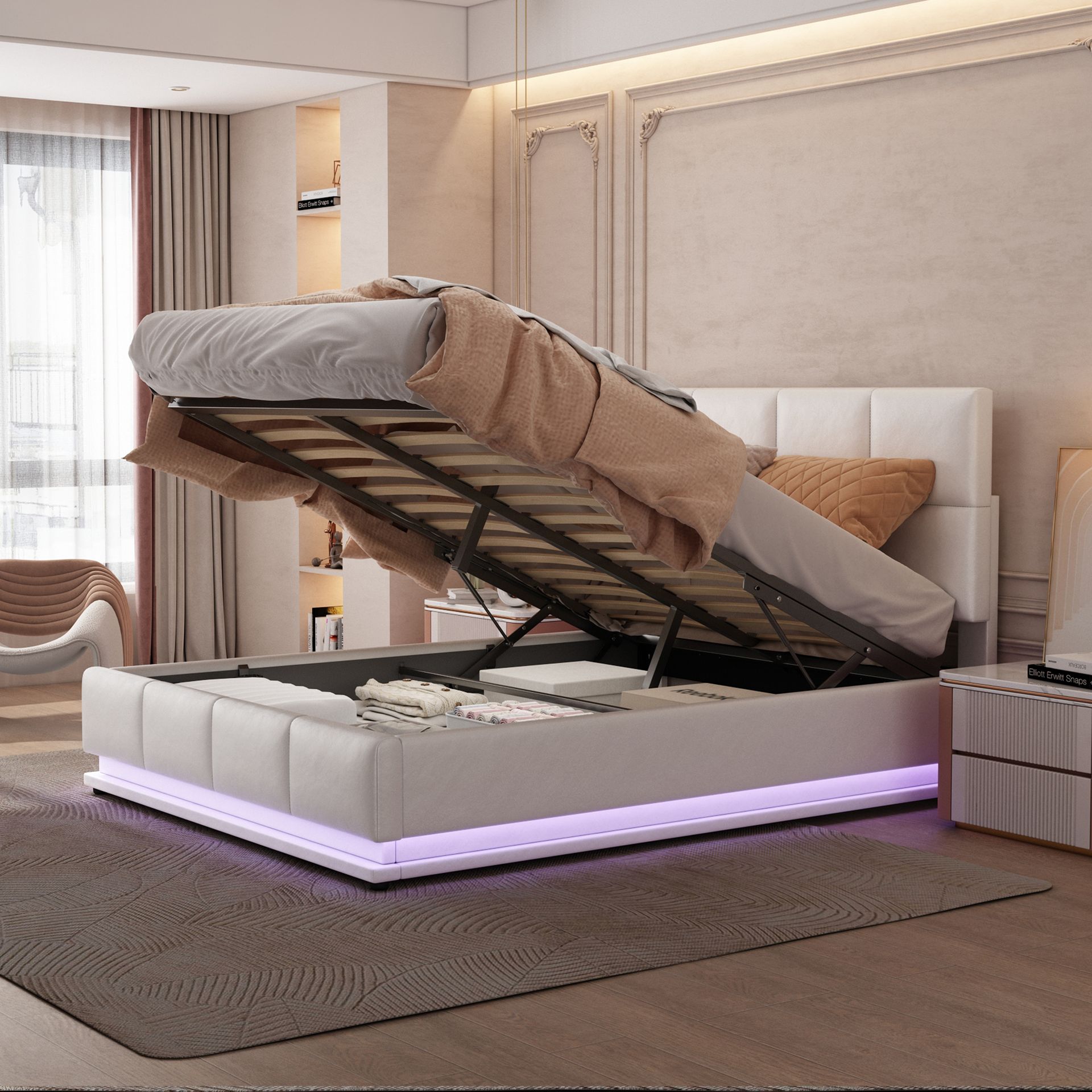 Łóżko tapicerowane Flieks z LED, łóżko na sprężynach hydraulicznych 140x200cm z listwowym stelażem i schowkiem, łóżko podwójne drewniane łóżko młodzieżowe imitacja skóry, białe