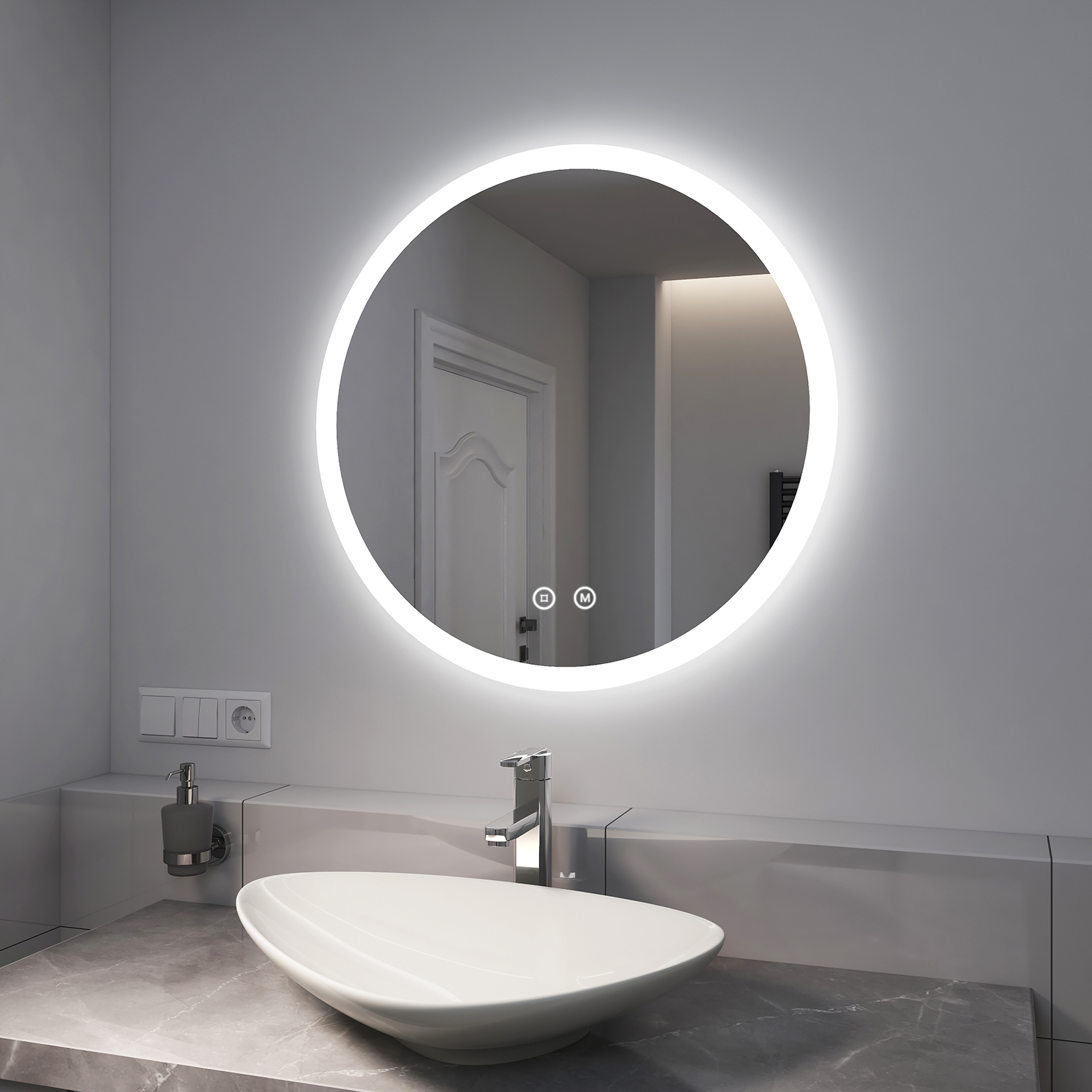 EMKE LED lustro łazienkowe 70cm lustro łazienkowe z oświetleniem 3 kolory światła lustro łazienkowe okrągłe lustro ścienne z przełącznikiem dotykowym IP44 energooszczędne lustro z regulowanym oświetleniem