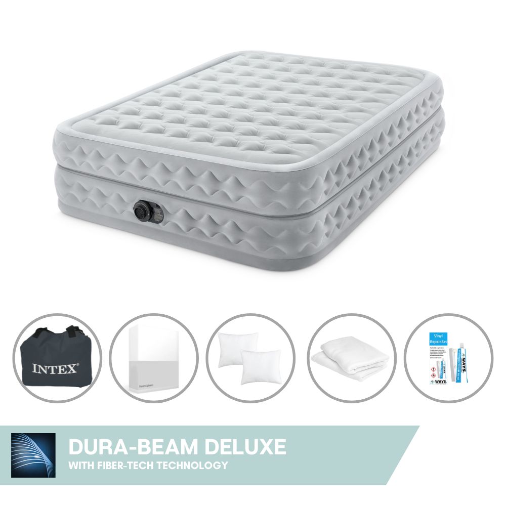 Łóżko dmuchane Intex - 2 osoby - 152 x 203 x 51 cm - Szare - Z wbudowaną pompką + prześcieradło białe + poduszka + poszewki Molton 2 w 1 + zestaw naprawczy