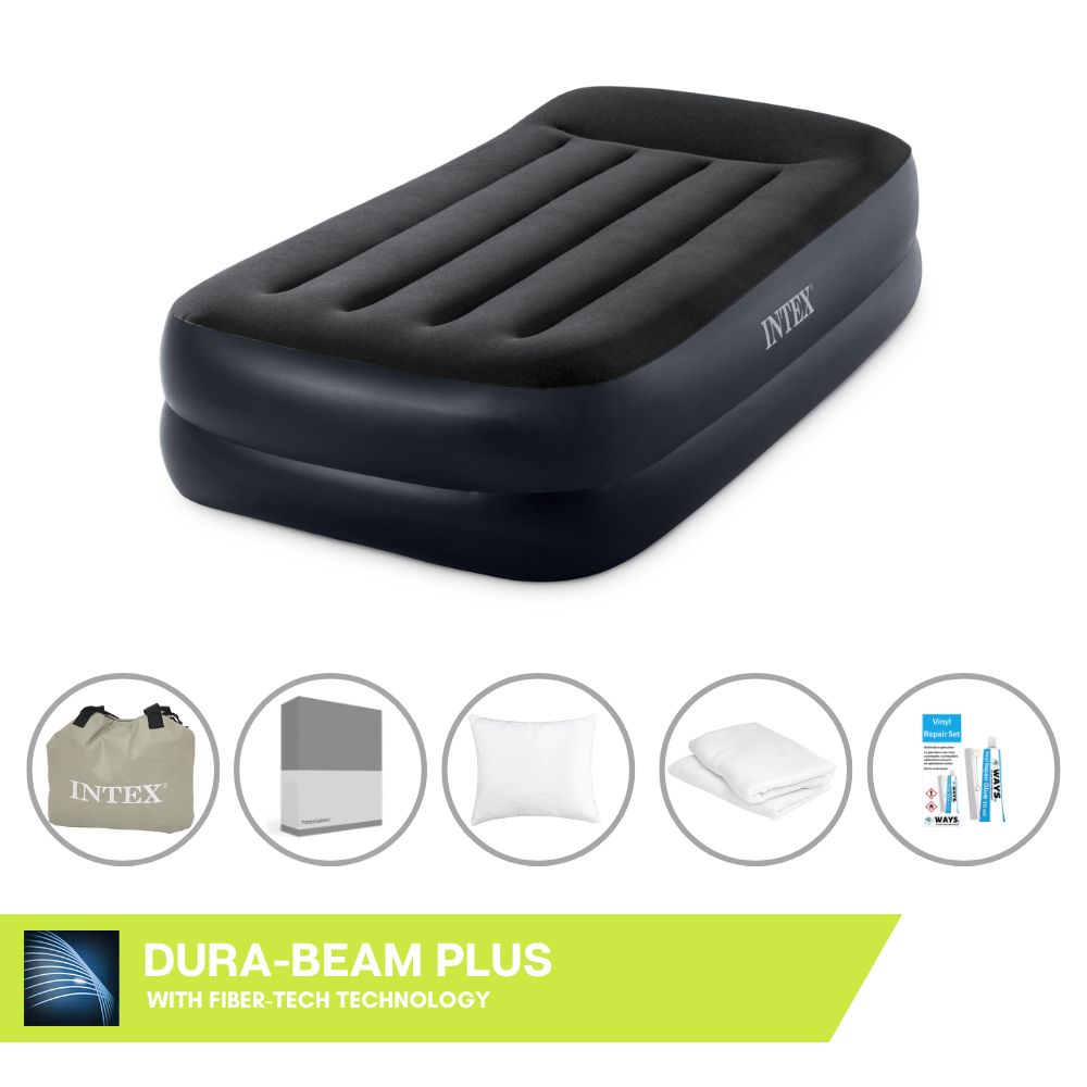 Dmuchane łóżko Intex - 1 osoba - 99 x 191 x 46 cm - Niebieskie - Z pompką + prześcieradło antracytowe + poduszka + poszewki Molton 2 w 1 + zestaw naprawczy