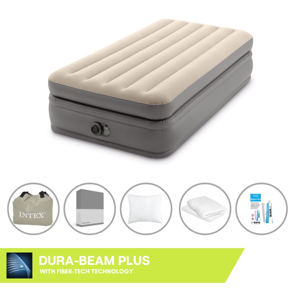 Łóżko dmuchane Intex - 1 osoba - 99 x 191 x 51 cm - Szare - Z wbudowaną pompką + prześcieradło antracytowe + poduszka + poszewki Molton 2 w 1 + zestaw naprawczy