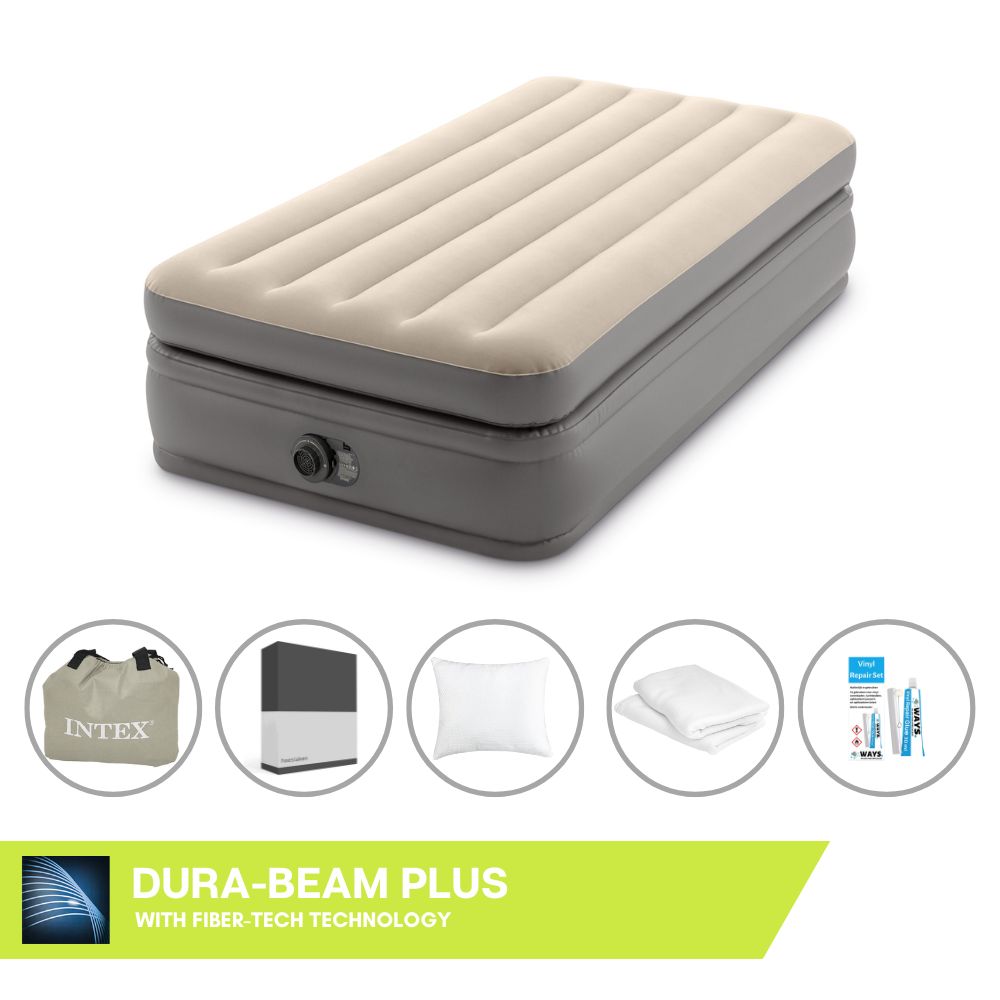 Łóżko dmuchane Intex - 1 osoba - 99 x 191 x 51 cm - Szare - Z wbudowaną pompką + prześcieradło czarne + poduszka + poszewki Molton 2 w 1 + zestaw naprawczy