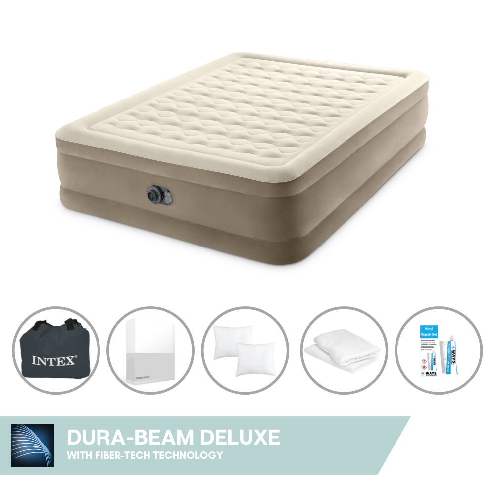 Dmuchane łóżko Intex - 2 osoby - 152 x 203 x 46 cm - beżowe - z wbudowaną pompką + prześcieradło białe + poduszka + poszewki Molton 2 w 1 + zestaw naprawczy