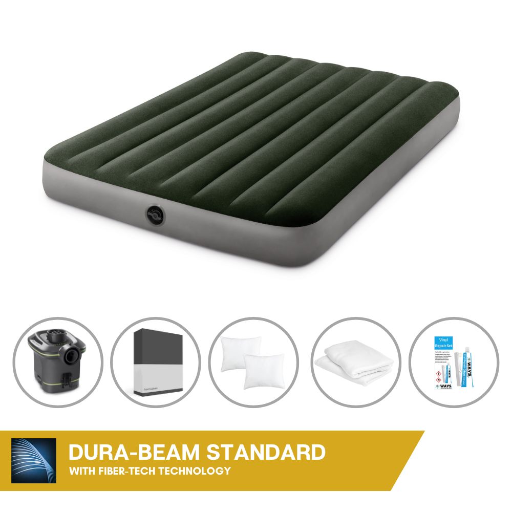 Dmuchane łóżko Intex - 2 osoby - 137 x 191 x 25 cm - Zielony - Z pompką + prześcieradło czarne + poduszka + poszewki Molton 2 w 1 + zestaw naprawczy