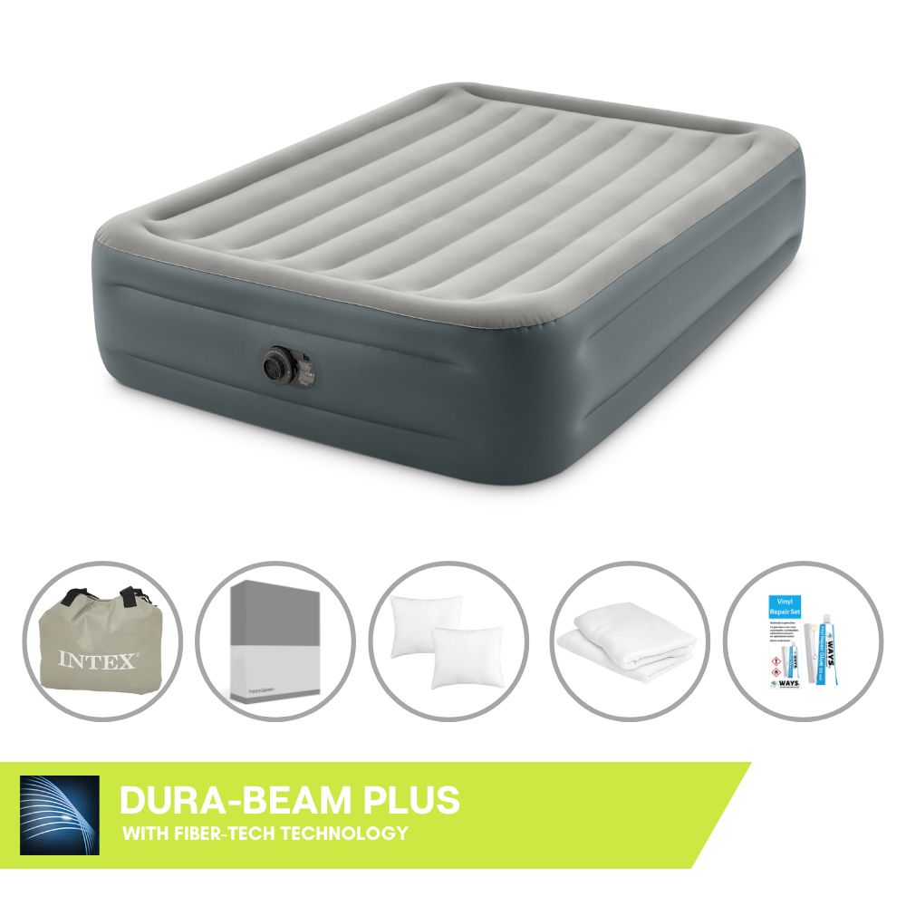 Łóżko powietrzne Intex - 2 osoby - 152 x 203 x 46 cm - Szare - Z wbudowaną pompką + prześcieradło antracytowe + poduszka + poszewki Molton 2 w 1 + zestaw naprawczy