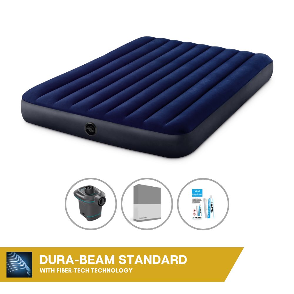 Dmuchane łóżko Intex - 2 osoby - 152 x 203 x 25 cm - niebieskie + pompka elektryczna Intex - 650 litrów/min + prześcieradło antracytowe + zestaw naprawczy