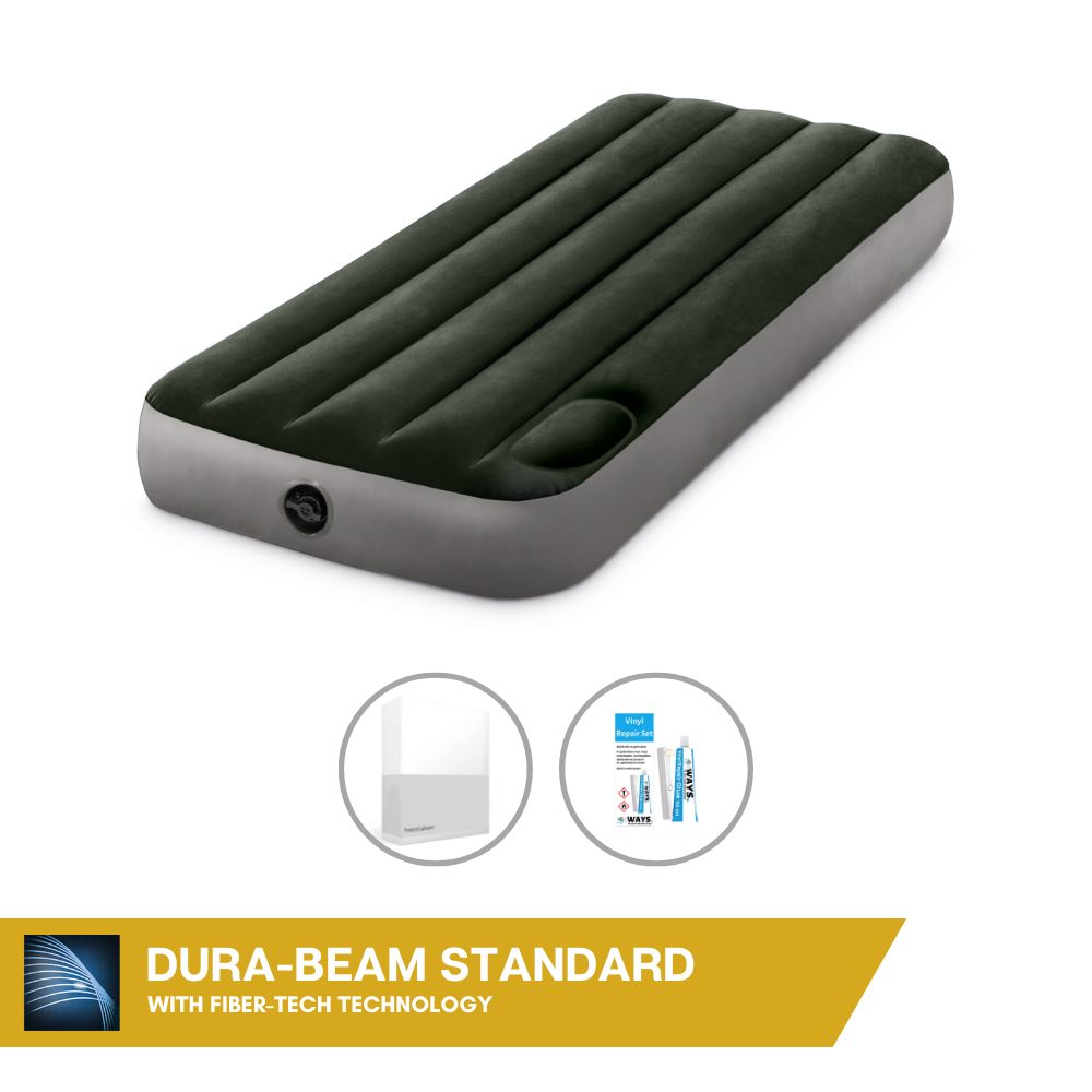 Dmuchane łóżko Intex - 1 osoba - 76 x 191 x 25 cm - Zielony - Z wbudowaną pompką nożną + prześcieradło białe + zestaw naprawczy