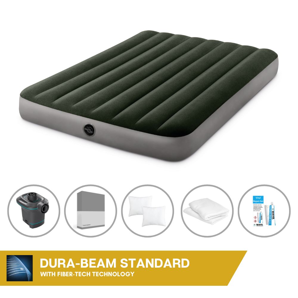 Łóżko dmuchane Intex - 2 osoby - 137 x 191 x 25 cm - zielone + pompka elektryczna Intex - 650 litrów/min + prześcieradło antracytowe + poduszka + poszewki Molton 2 w 1 + zestaw naprawczy