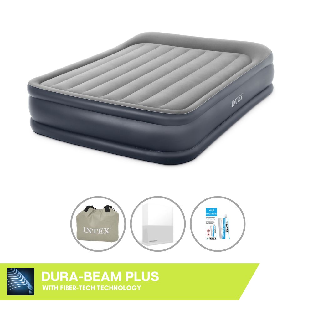 Dmuchane łóżko Intex - 2 osoby - 152 x 203 x 42 cm - Szare - Z pompką + prześcieradło białe + zestaw naprawczy