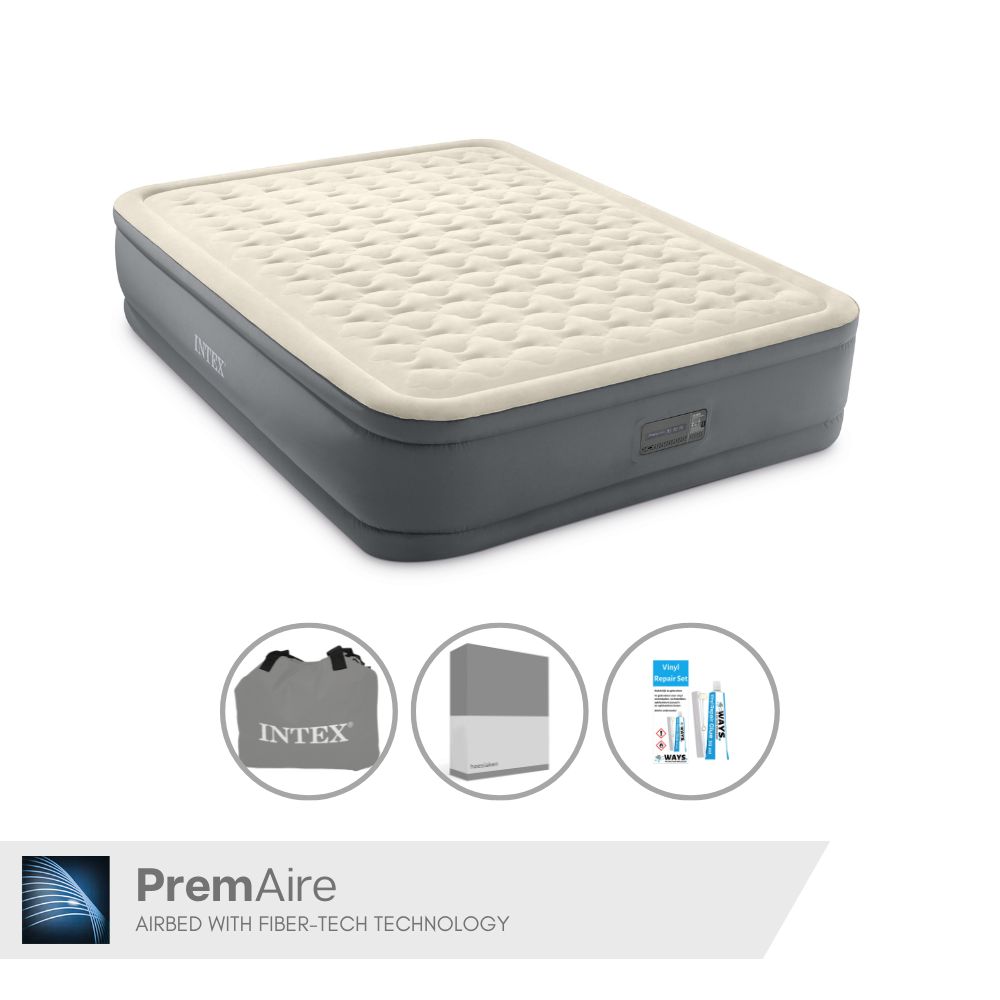 Łóżko dmuchane Intex - 2 osoby - 152 x 203 x 46 cm - Szare - Z pompką elektryczną + prześcieradło antracytowe + zestaw naprawczy