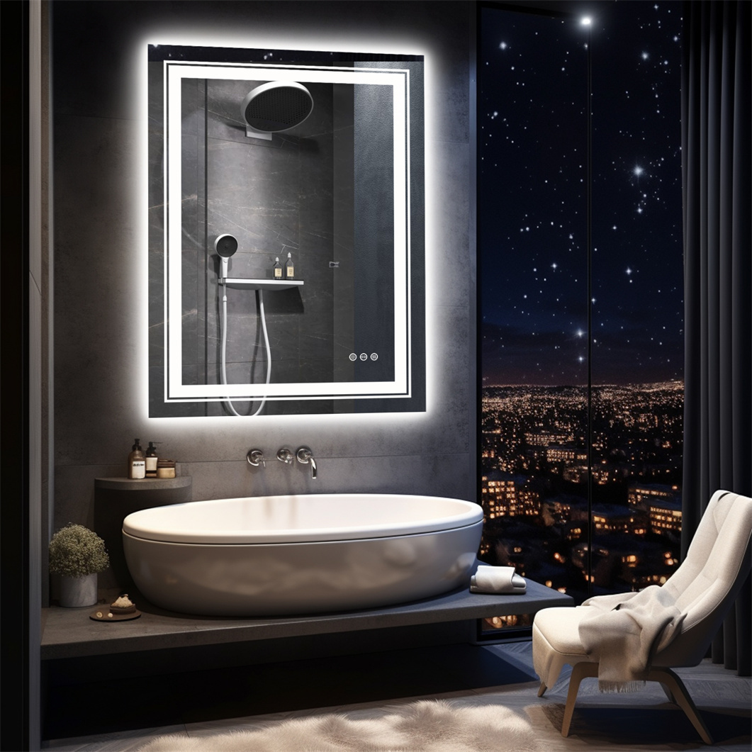 WISFOR Lustro łazienkowe LED 70x90cm, lustro łazienkowe z oświetleniem lustro ścienne ściemniane, bezmgielne, z przełącznikiem dotykowym