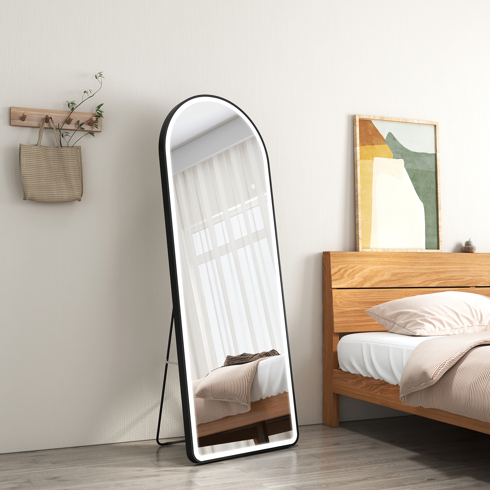 EMKE lustro stojące 160x60cm lustro na całej długości czarna rama z oświetleniem LED lustro w 3 kolorach z funkcją ściemniania światła zakrzywione lustro toaletowe