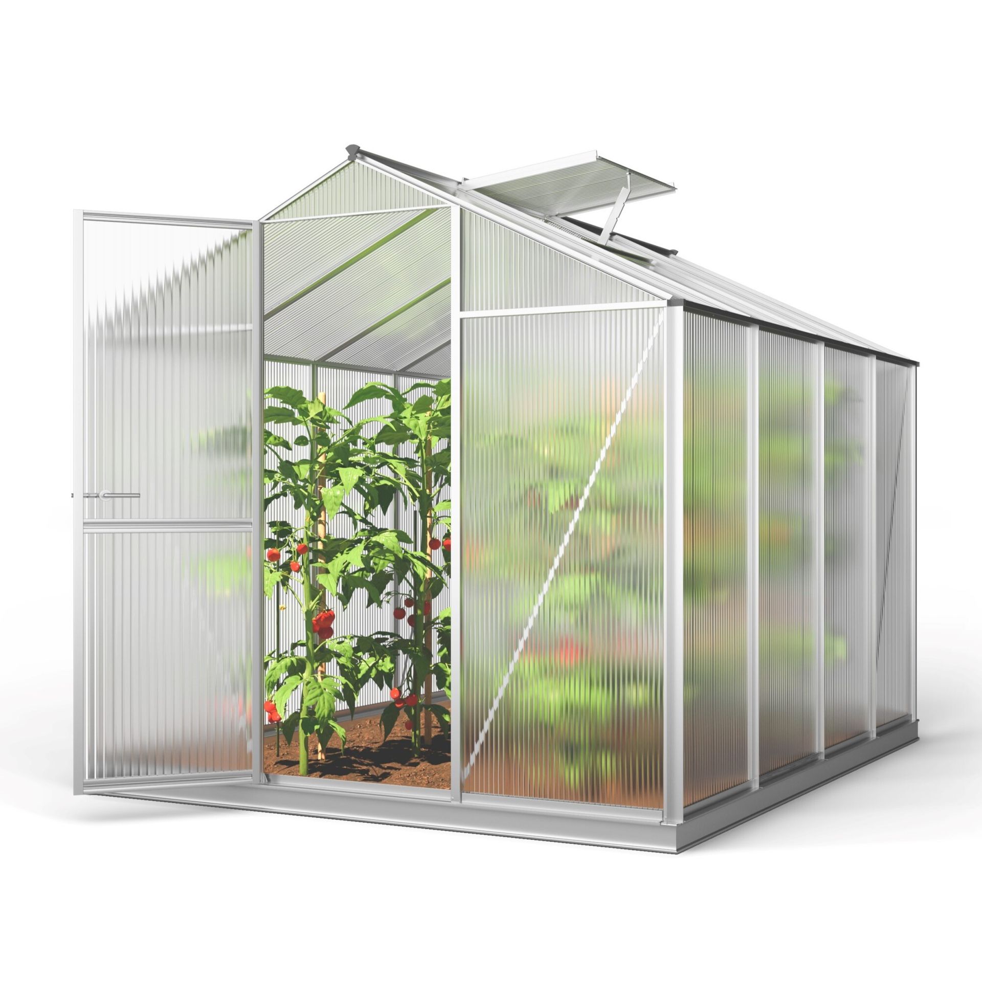 GFP szklarnia ECO 4 rama aluminiowa 192x256 cm - płytami poliwęglanowymi o grubości 8 mm - z ramą fundamentową i aut. mechanizm otwierania okien