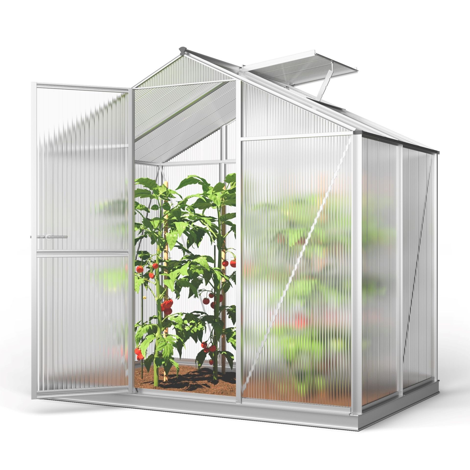 GFP szklarnia ECO 2 rama aluminiowa 192x131 cm - płytami poliwęglanowymi o grubości 6 mm - z ramą fundamentową i aut. mechanizm otwierania okien