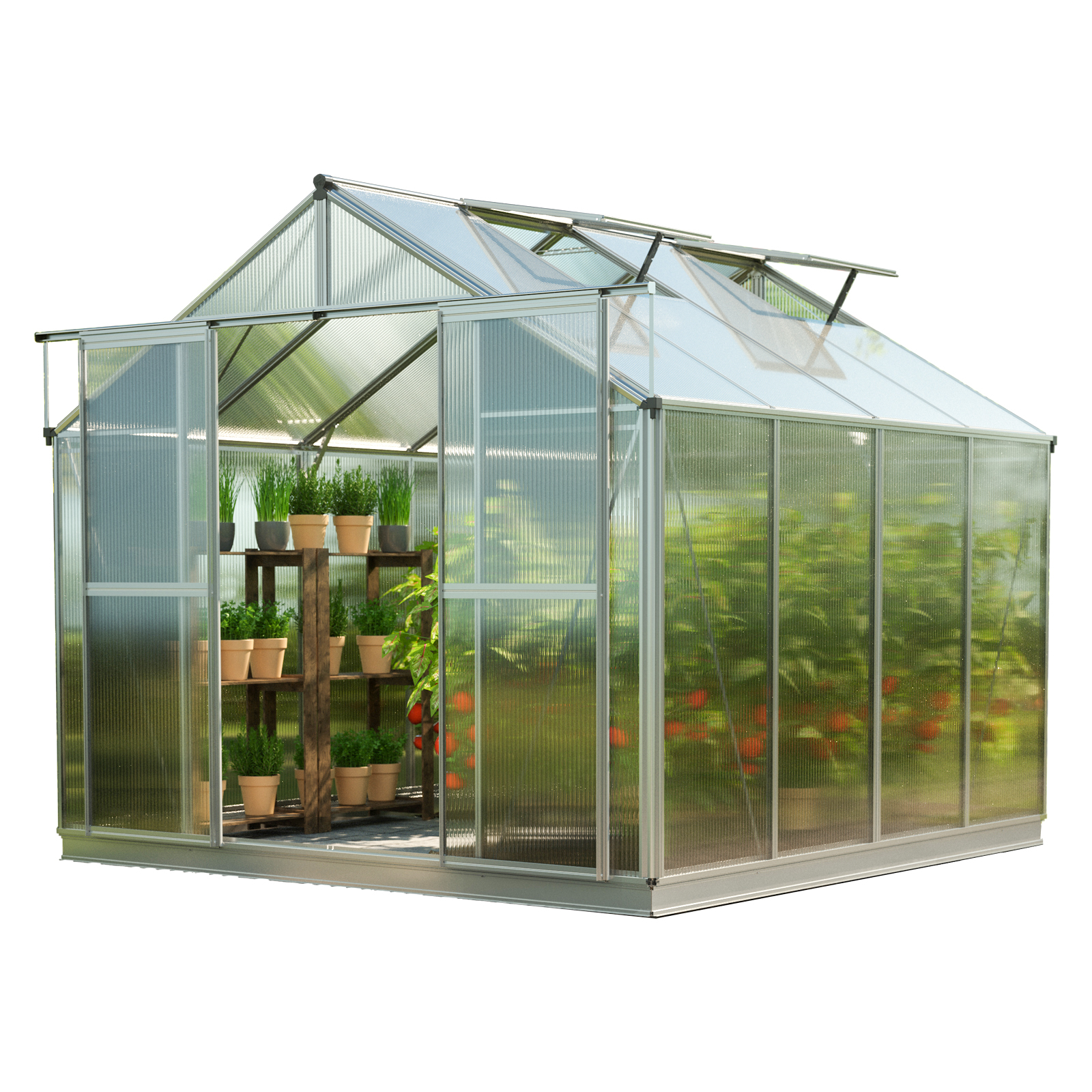 GFP szklarnia Topas 4 rama aluminiowa 225x259 cm - płytami poliwęglanowymi ok. 8 mm - z ramą fundamentową i aut. mechanizm otwierania okien