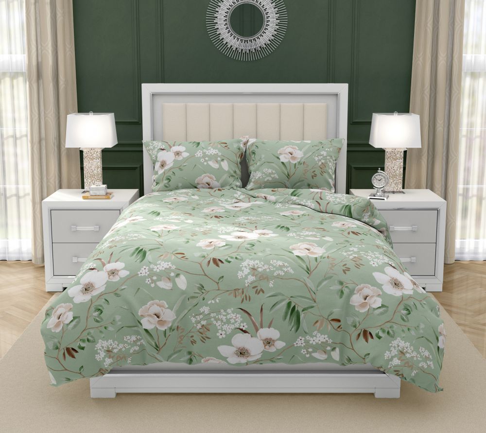 Francuska pościel bawełniana DELUX 220x200, 70x90cm MAGNOLIA zielona