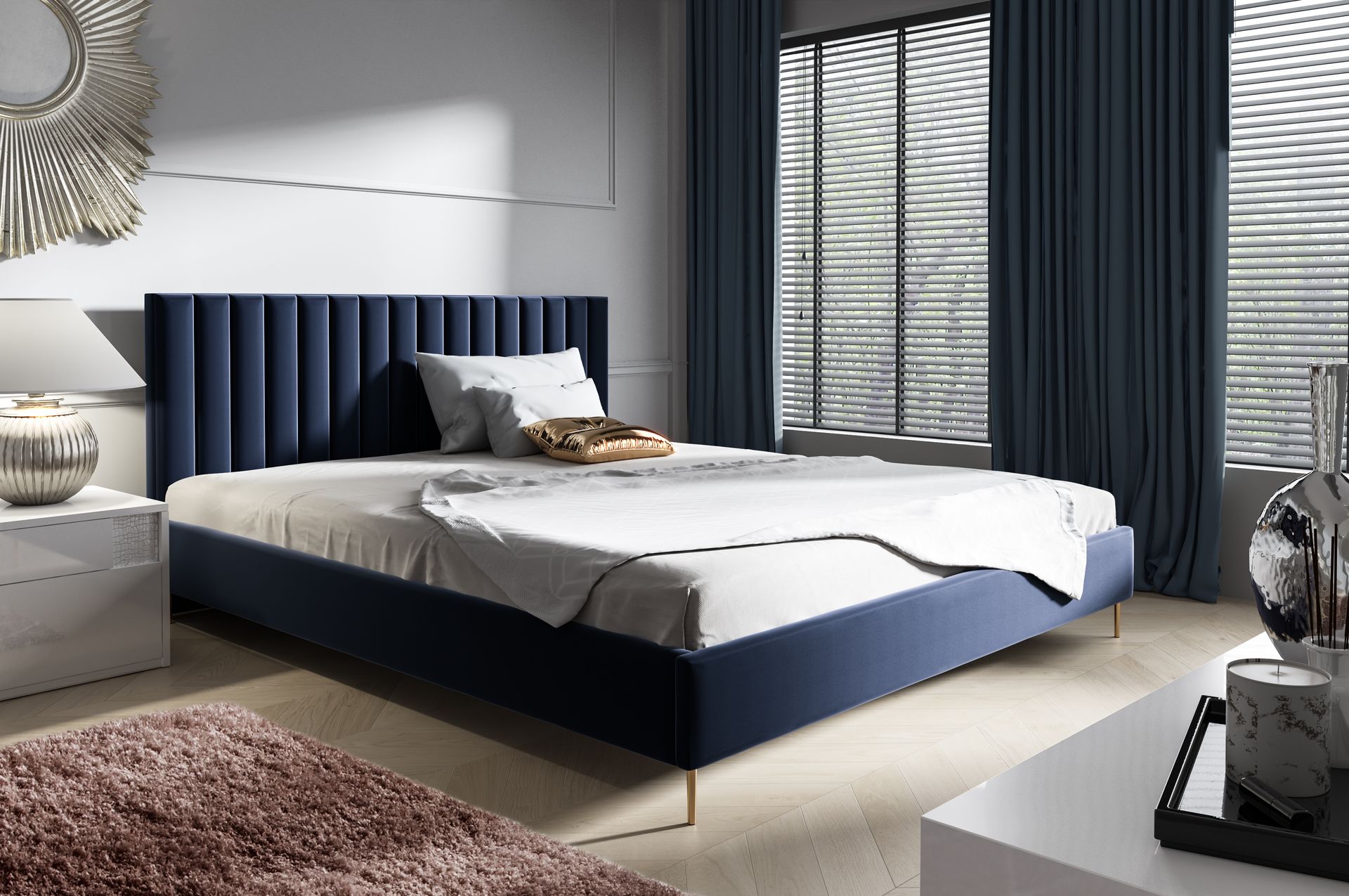 GUTTO Łóżko tapicerowane LEYLA pikowanie na nogach w kolorze czarnym lub złotym - łóżko z aksamitnego weluru ze ramą z listew drewnianych 200x200 cm