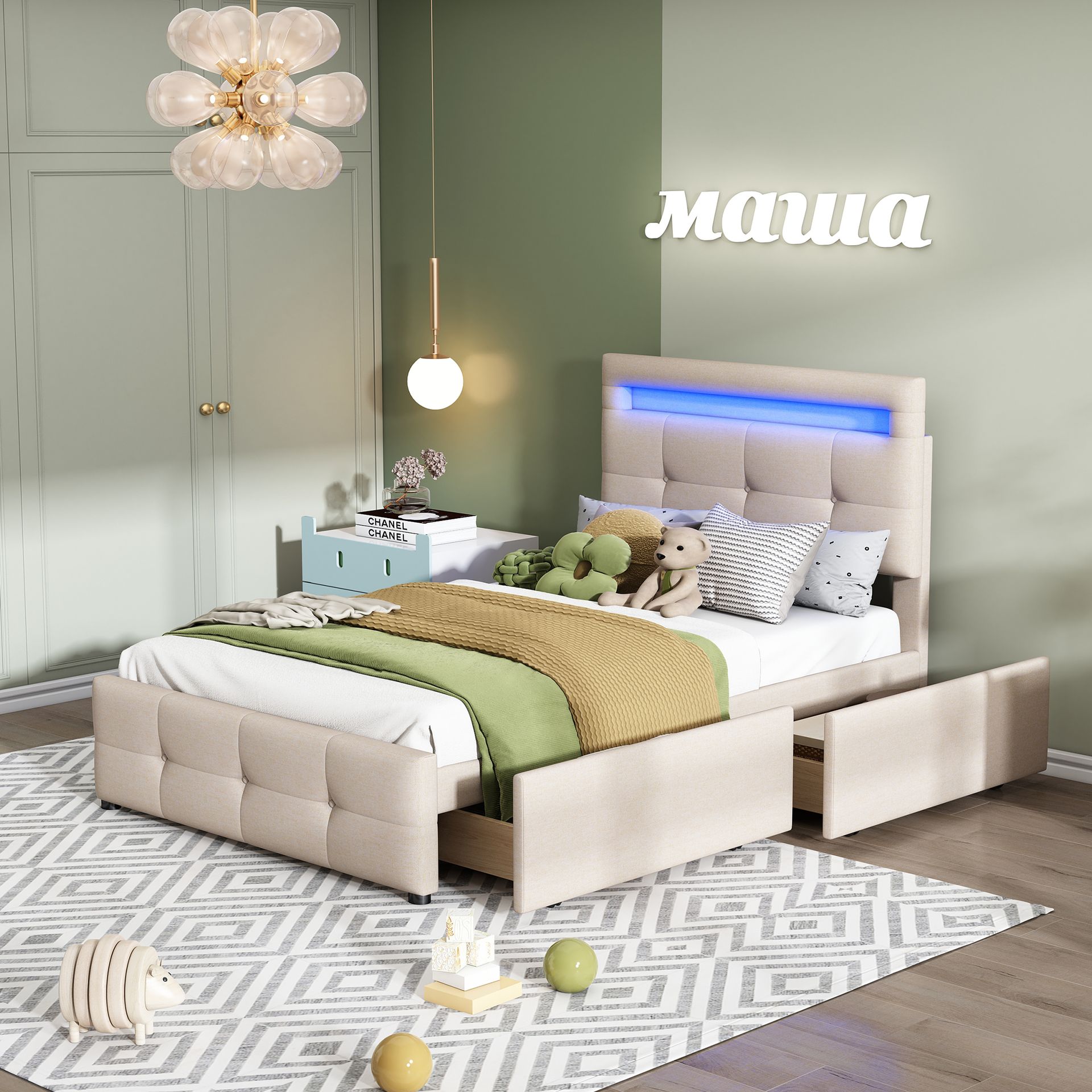 Łóżko tapicerowane Merax 90x200cm z LED, szufladami i zagłówkiem o regulowanej wysokości, łóżko młodzieżowe funkcjonalne łóżko pojedyncze ze stelażem listwowym i lnianym pokrowcem, beżowe