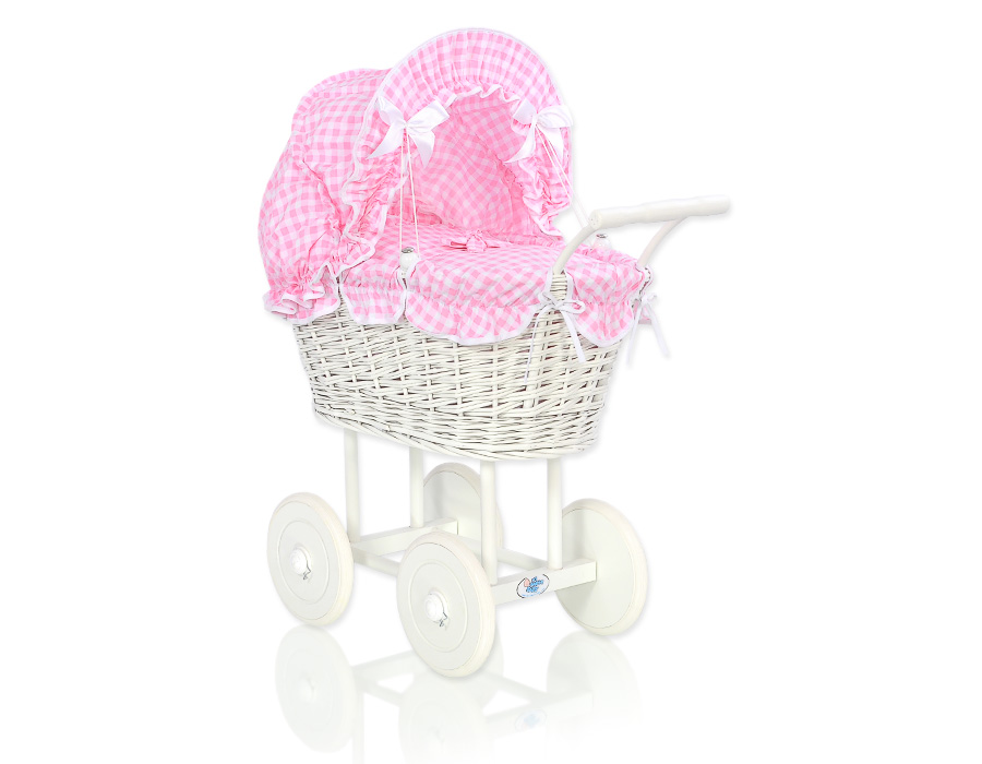 Wiklinowy wózek dla lalek z pościelą i wyściółką - biały