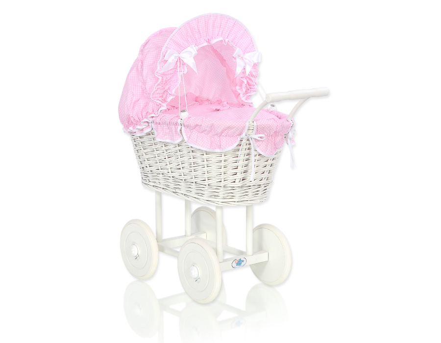 Wiklinowy wózek dla lalek z pościelą i wyściółką - biały
