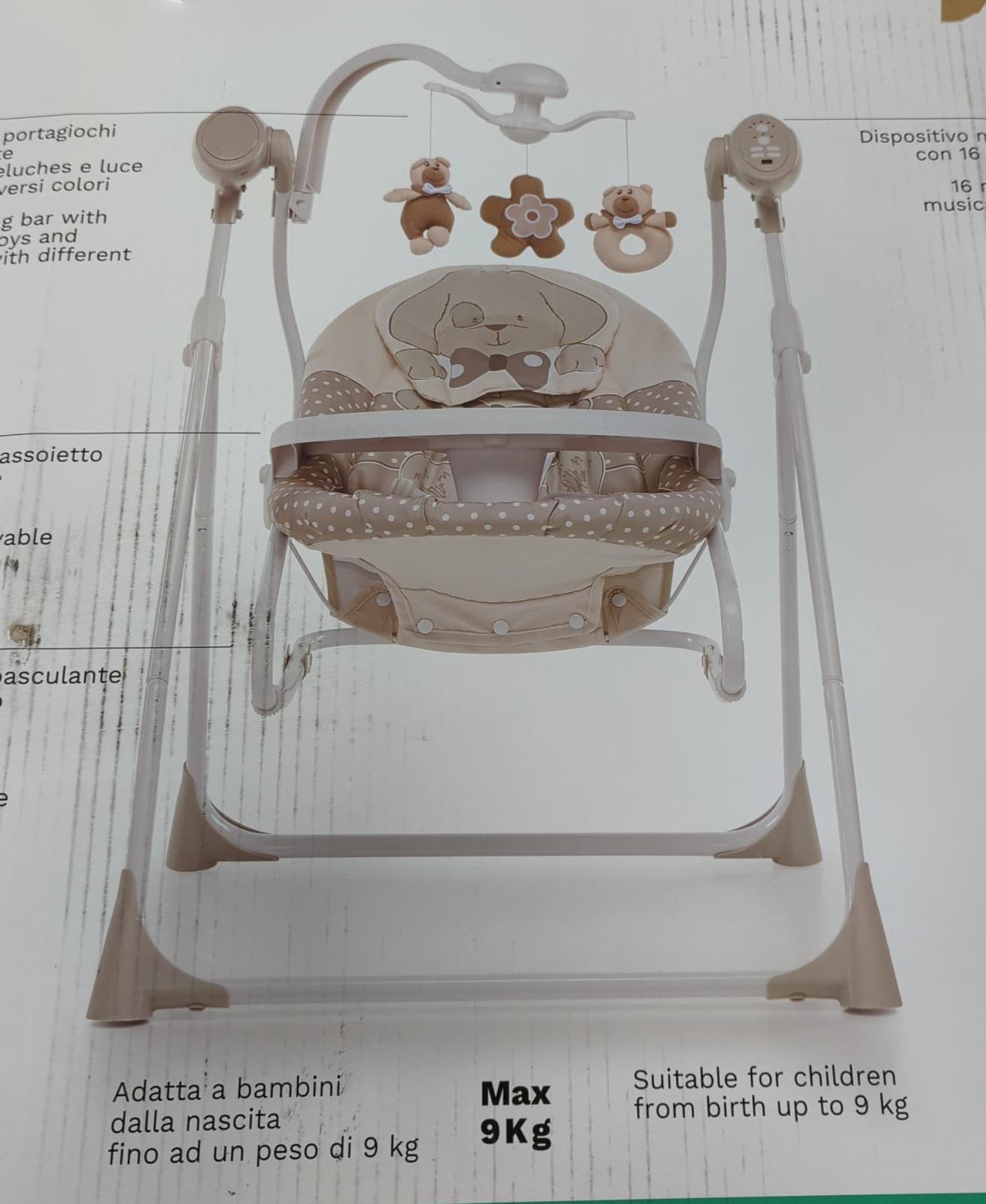 (GUGE, Ohne Tablett) Foppapedretti Carillon Bouncer Swing, maksymalne obciążenie: 9 kg, 67 x 74,5 x 94,5 cm, 7,5 kg, Dolcestella