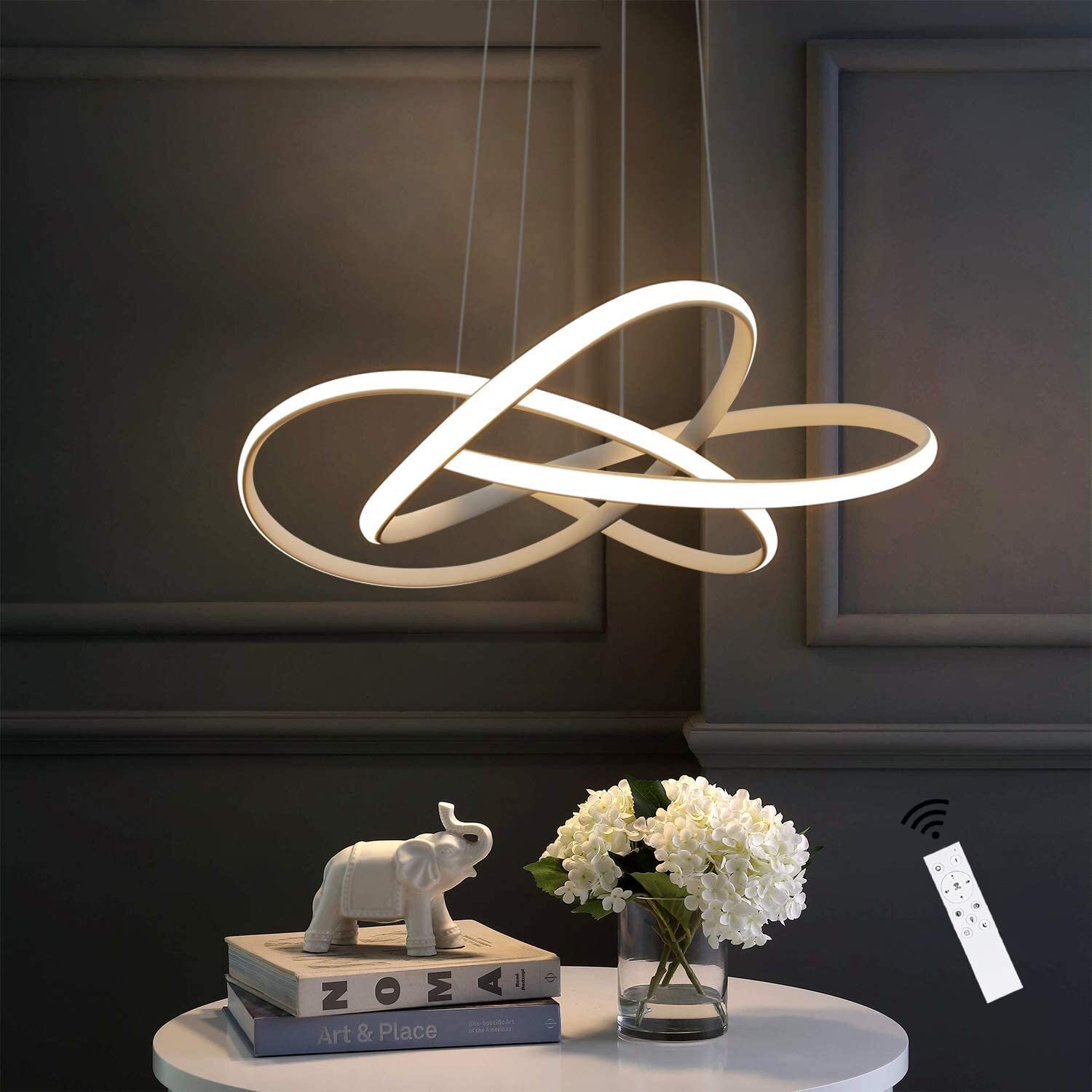 ZMH LED lampa wisząca stół jadalny w kolorze białym Nowoczesna lampa wisząca Ø62cm żyrandol z pierścieniami salon 59W Możliwość ściemniania za pomocą pilota Regulowana wysokość