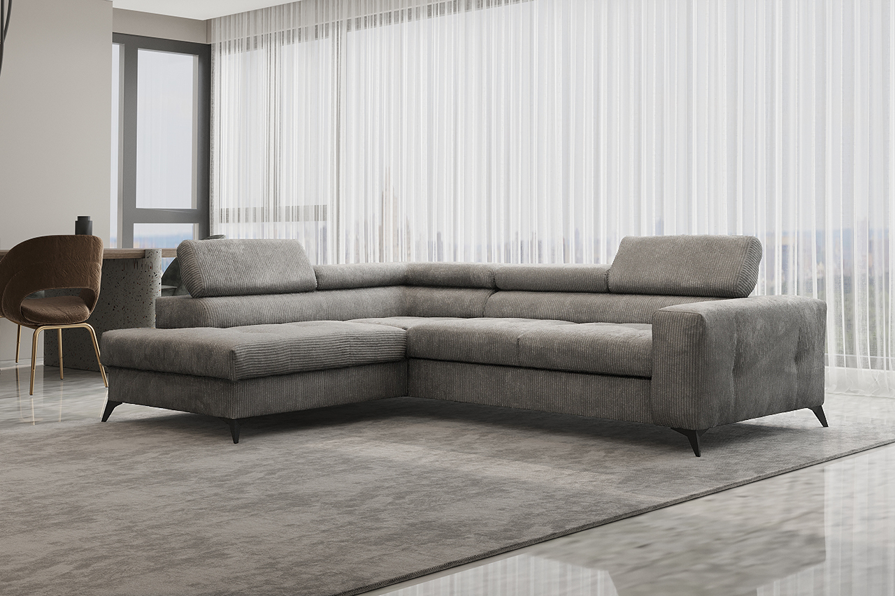 Narożnik z funkcją spania i pojemnikiem na pościel w kształcie litery L - ARCADI - tkanina Anafi, wiele kolorów Ciemnoszary Prawy