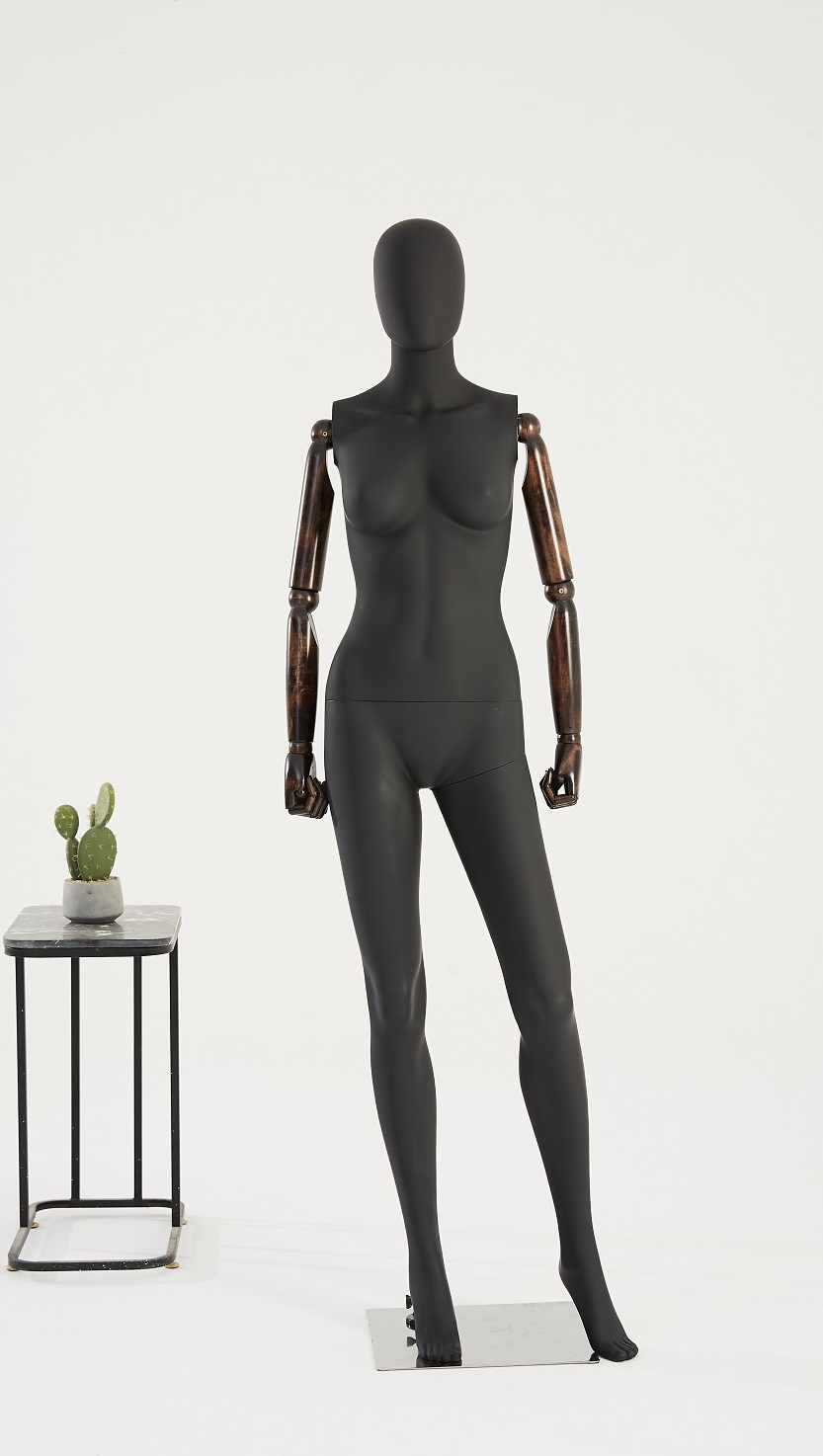 Eurotondisplay manekin damski czarny matowy DF11-8M abstrakcyjny jajogłowy drewniane ramiona ręce ruchoma metalowa płyta ze stali nierdzewnej