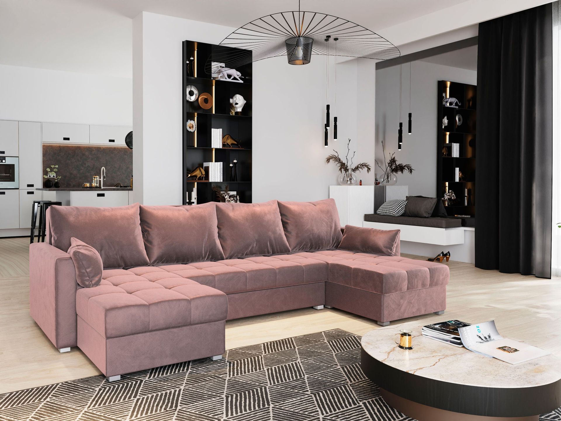 Masseno Narożnik NAKO z funkcją spania i pojemnikiem na pościel Kształt U, Rozkładana sofa, Rogówka - Pudrowy róż, KRONOS 27