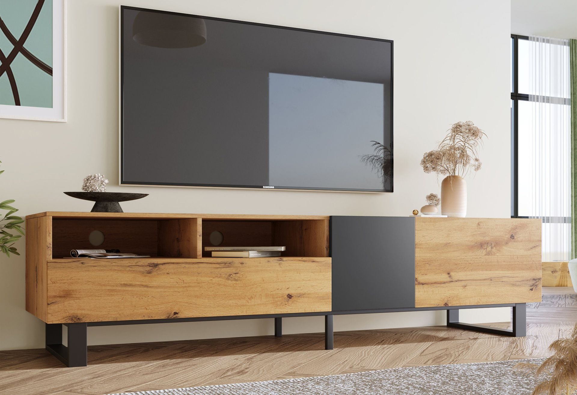 Fortuna Lai Lowboard Natural Szafka RTV stojąca (zestaw, z 2 drzwiami, 2 szufladami i 2 półkami), dwukolorowa, vintage industrial, szer. 180 cm