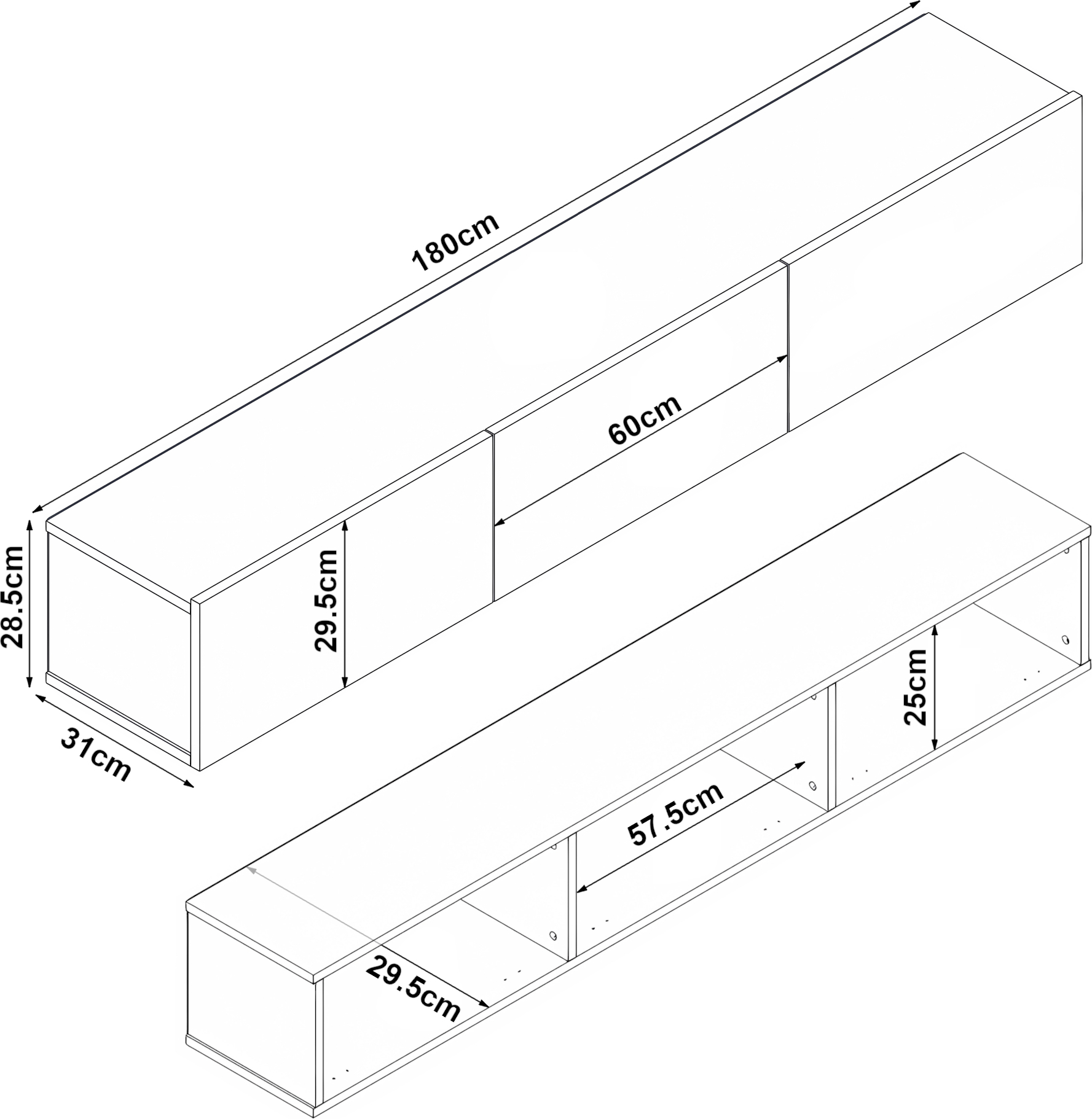 [en.casa] Vihti Szafka pod TV z 3 schowkami Lowboard 180x31x29,5cm Półka wisząca pływająca dąb, czarna