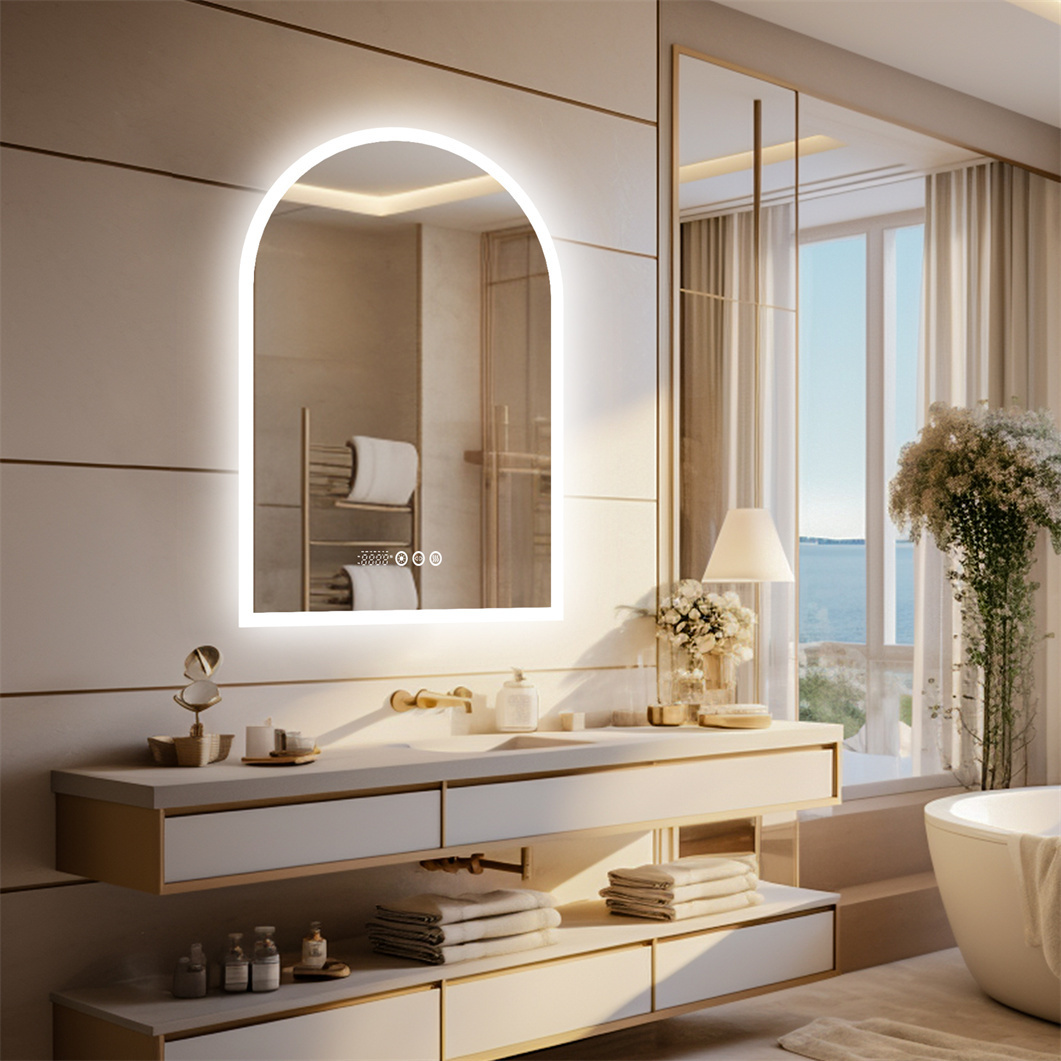 WISFOR Lustro łazienkowe LED 60×90 cm lustro ścienne lustro łazienkowe z oświetleniem do makijażu w łazience sypialni, lustro łazienkowe LED z temperaturą, godziną i datą, ściemnialne bezmgielne z przełącznikiem dotykowym