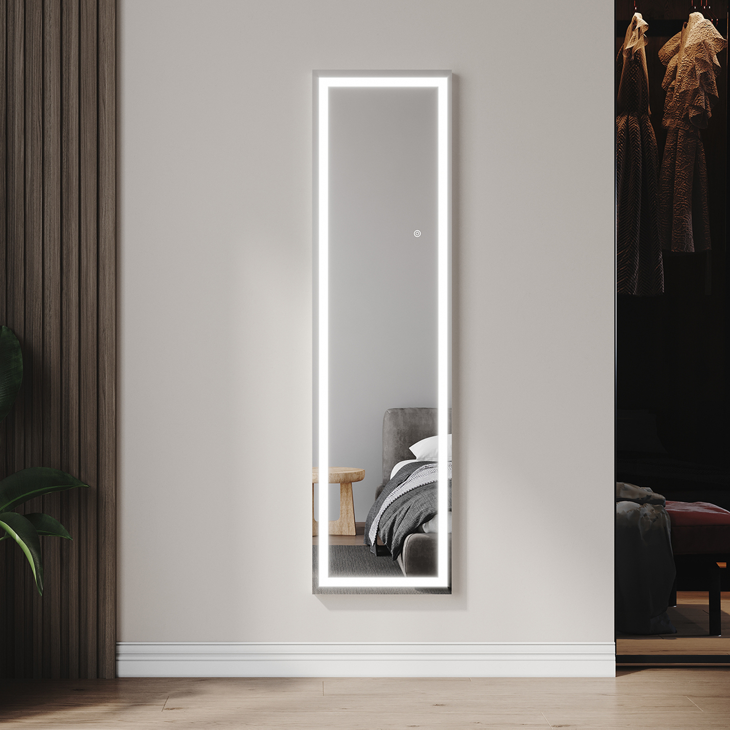 Lustro ścienne SUNXURY LED 150x40cm Regulowane w 3 kolorach，Lustro stojące 2 w 1，Lustro o pełnej długości z przełącznikiem dotykowym
