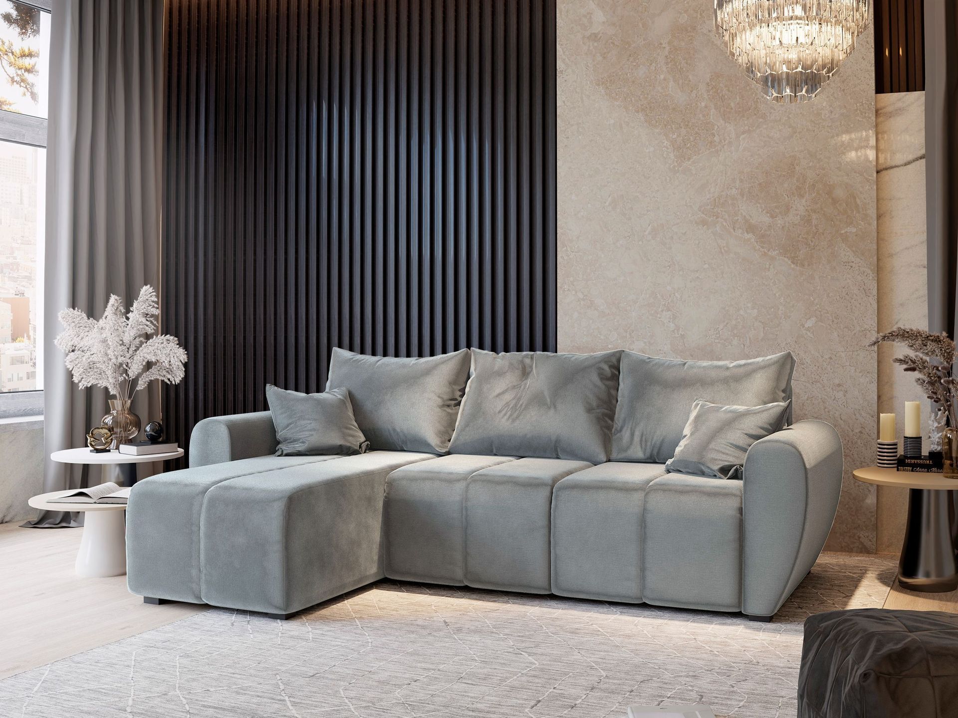 Masseno Narożnik MADISON z funkcją spania i pojemnikiem na pościel Kształt L, Rozkładana sofa, Rogówka - Jasnoszary, PAROS 05